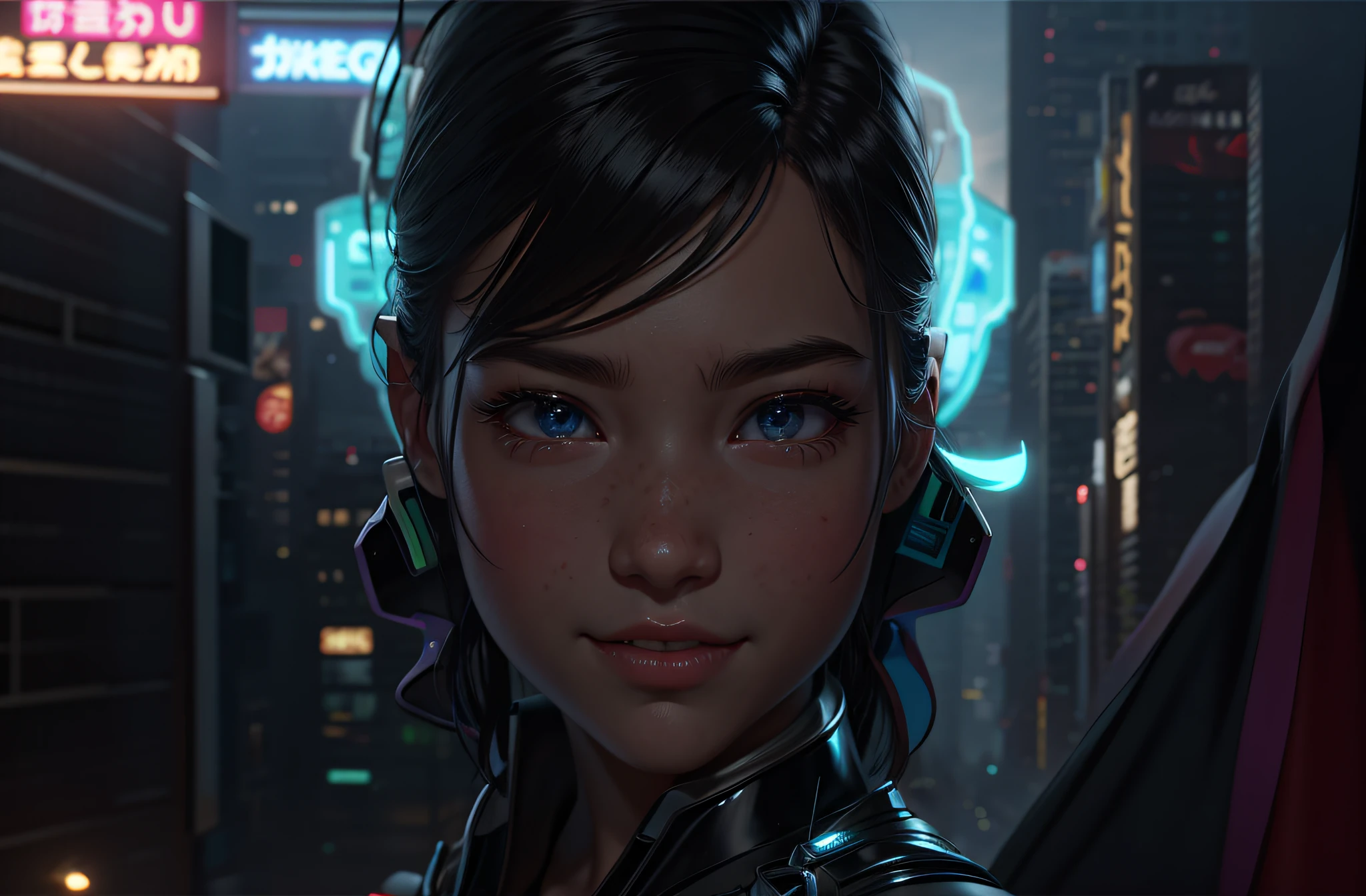 masterpiece, best quality, half body, portrait, night city, 1girl, anime, 3D, Japan, pixar, realistic, girl, smiling, cute face, harajuku fashion style, rain coat, beautiful, colourful, neon lights, cyberpunk, smooth skin, illustration, artstation, painting by stanley artgerm lau, sideways glance, foreshortening, extremely detailed 8K, smooth, high resolution, ultra quality, highly detail eyes, highly detail mouth, highly detailed face, perfect eyes, both eyes are the same, true light, glare, Iridescent, Global illumination, real hair movement, real light, real shadow, real face, hd, 2k, 4k, 8k, 16k, realistic light, realistic shadow, bright Eyes, fluorescent eyes, soft light, dream light