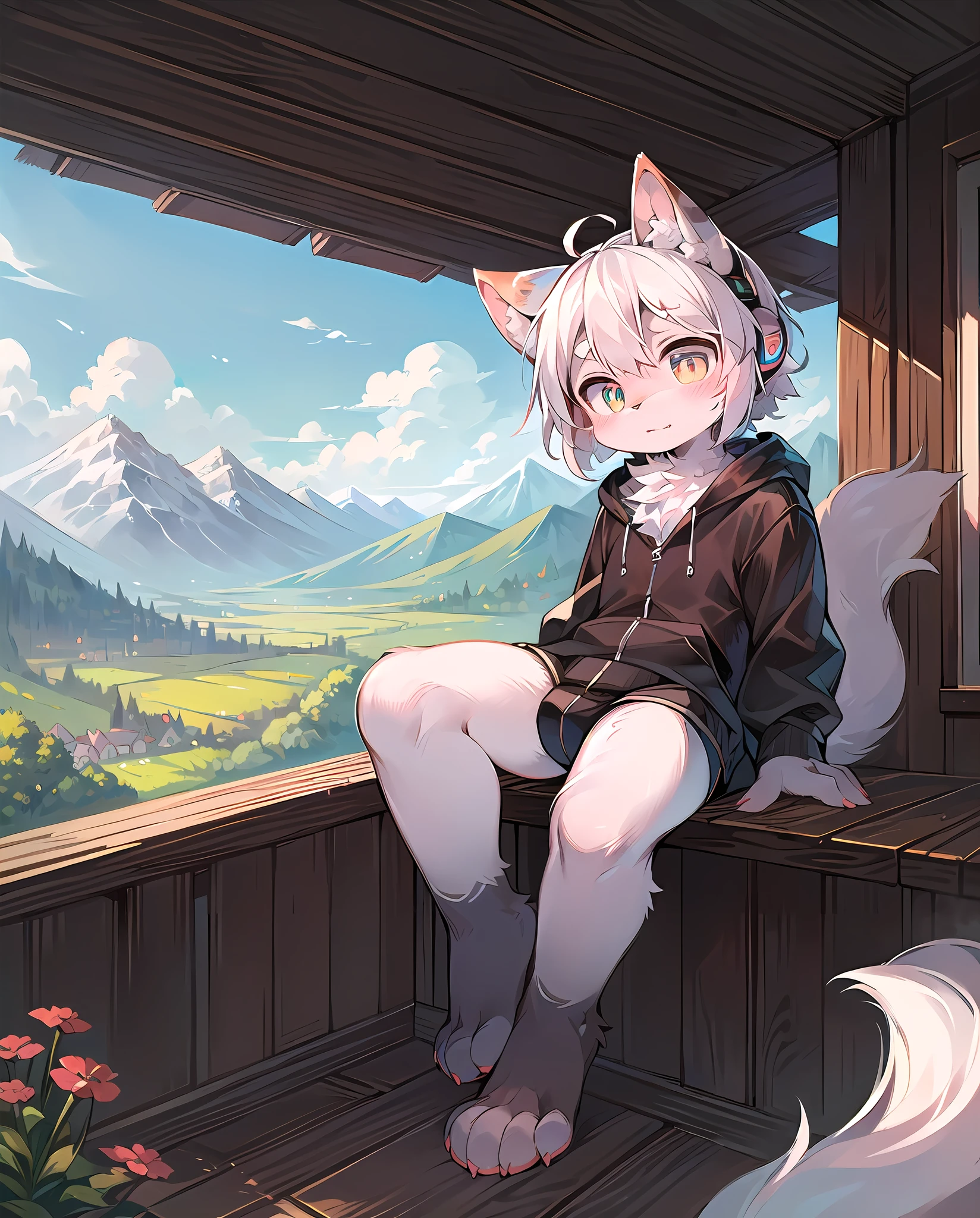 (Bright Environment: 0.1), Masterpiece, High Quality, Abstract Res, Digital Painting\(artwork\), by Dagasi, Yupa, Kiyosan, (Anthro, Fluffy Fur, Character Focus: 1.1), Anthro Male Cat, Short Hair, Portrait , bright eyes, panorama and character focus. (Detailed background: 0.7), mountains, meadows, solo, furry, furry male, male focus, headphones, anthr, (full body fur, fluffy tail, white fur, white hair, different pupils: 1.2), (long canids: 1.2)