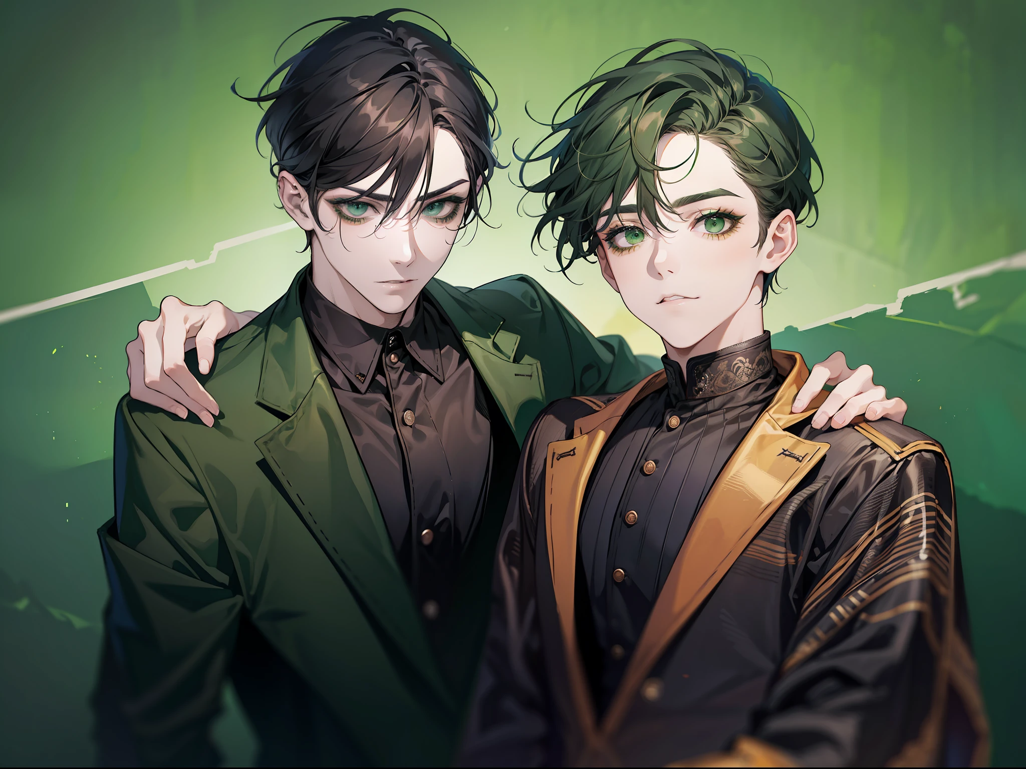 A man with dark green hair, wearing old clothes and Halloween makeup painted on his face, cute and handsome, is held by a tall man with black hair