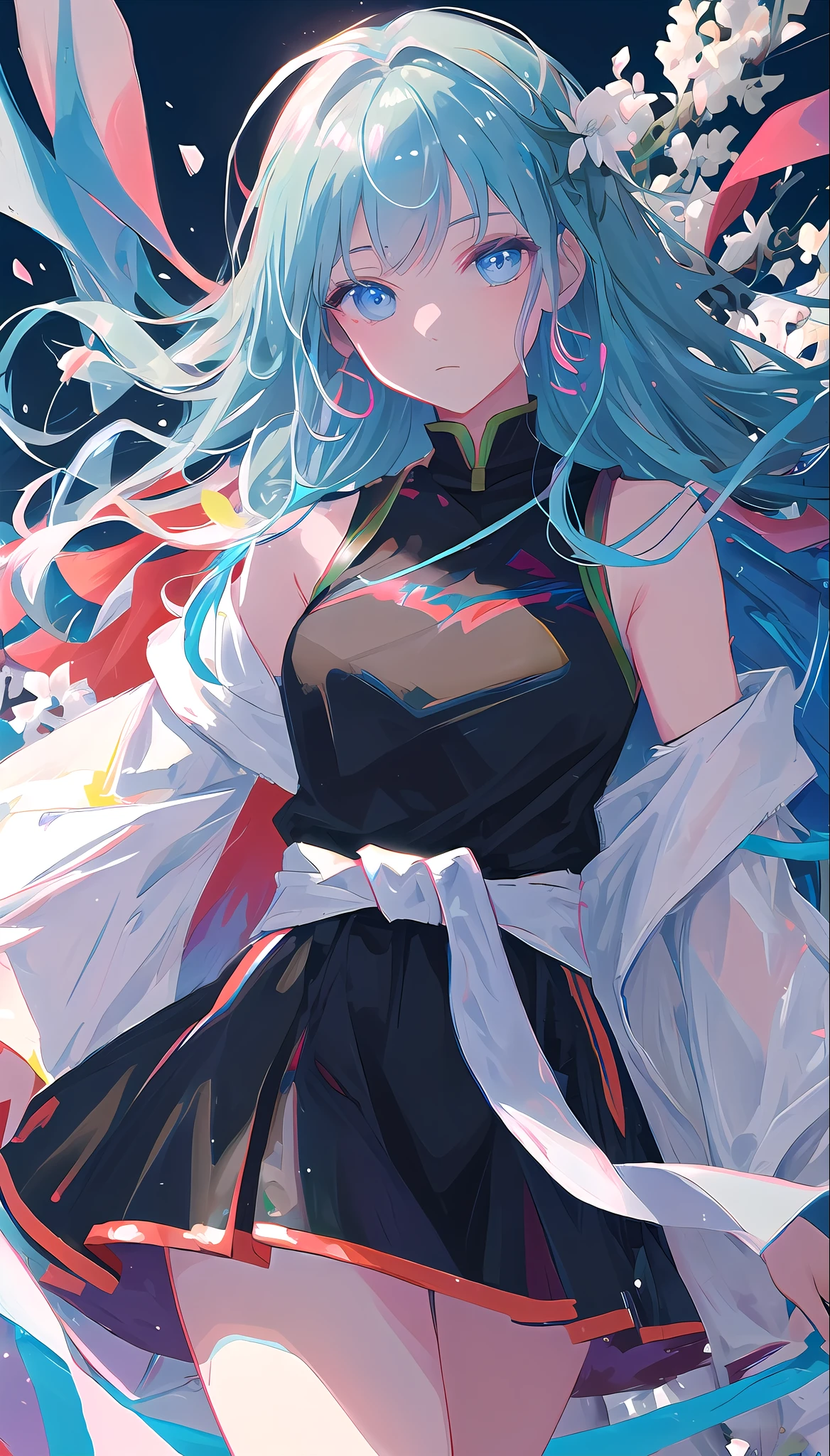 (masterpiece), (best quality), (ultra detailed),(disheveled hair),(illustration), (1girl), (Fashionable clothing), standing, Fashion model, looking at viewer, (interview), (simple background),beautiful detailed eyes, delicate beautiful face, Floating,(high saturation),(colorful splashes),colorful bubble,(shining), focus on face, kamisato ayaka, light blue hair, bangs, hair ring, floating flowers, floating hairs.Girl, anime waifu, looking at viewer, highlydetailed, reflections transparent iridescent colors, long transparent iridescent RGB hair, artby Serafleur from artstation, thick acrylic,illustration on pixiv, waist up portrait, gorgeoussacred girl, best quality, ultra detailed,sad,clever,beautiful face , beautiful lighton black background, Character stvle renderedby Octane,