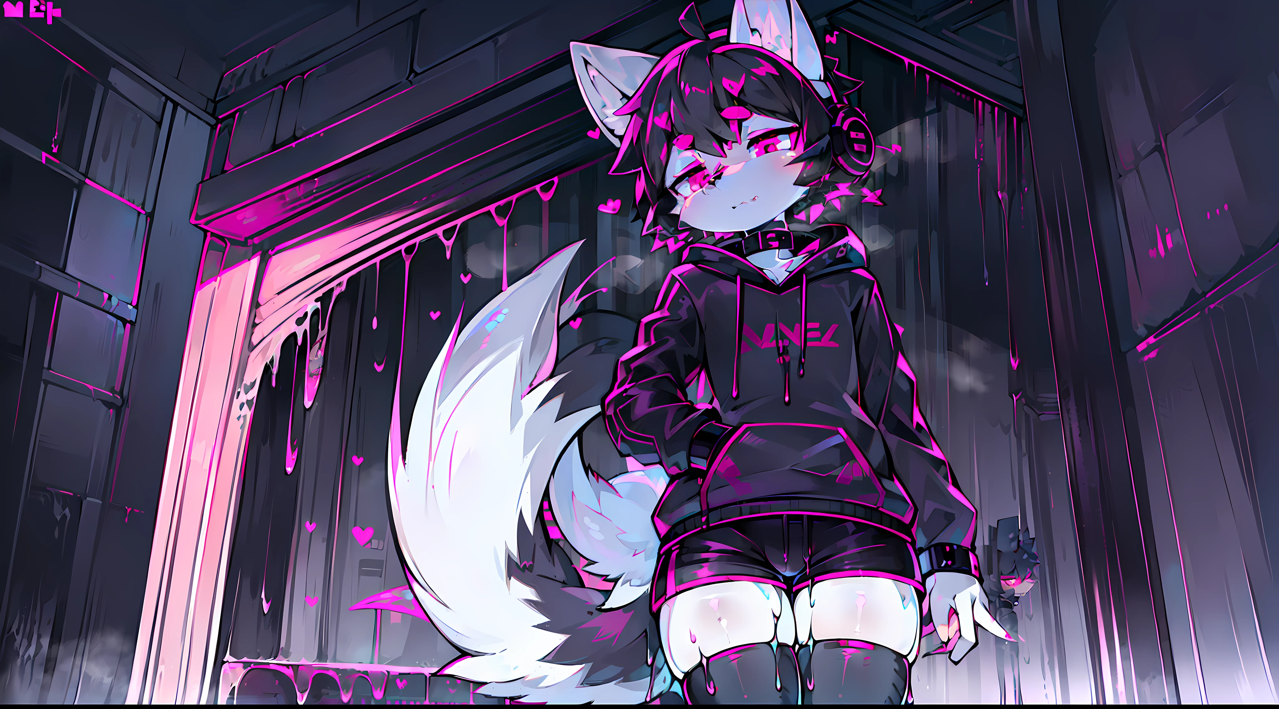 collar, (headphones:1.4), short hair, (black hair:1.35), (Thigh Highs:1.45), ((pink eyes:1.45)), ((thin:1.55)), ((canine:1.54)), ((white body:1.36)), child, hoodie, soft, (((master piece))), snow fox, 1boy, neon city, shy, job youtuber or programmer, hide womb tattoo, (cute:1.45), long tail, (wheezing:1.35), (shorts:1.35), intersex, (Goo:1.35), (slime:1.35), tattoo full body