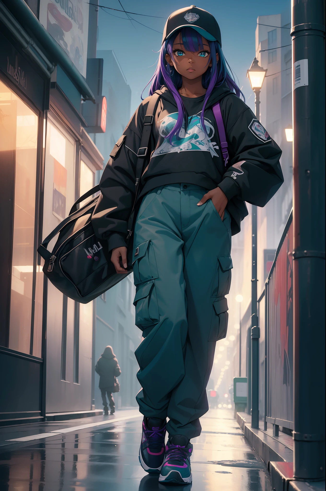 (masterpiece:1.4), 1girl, Streetwear,cargo pants, street, (masterpiece, best quality, highres, ultra detailed ), night, depth of field, absurdres, (masterpiece:1.4), ultra-detailed, 1girl, dark-skinned, stand up, black and teal, long purple wildly hair with teal streaks