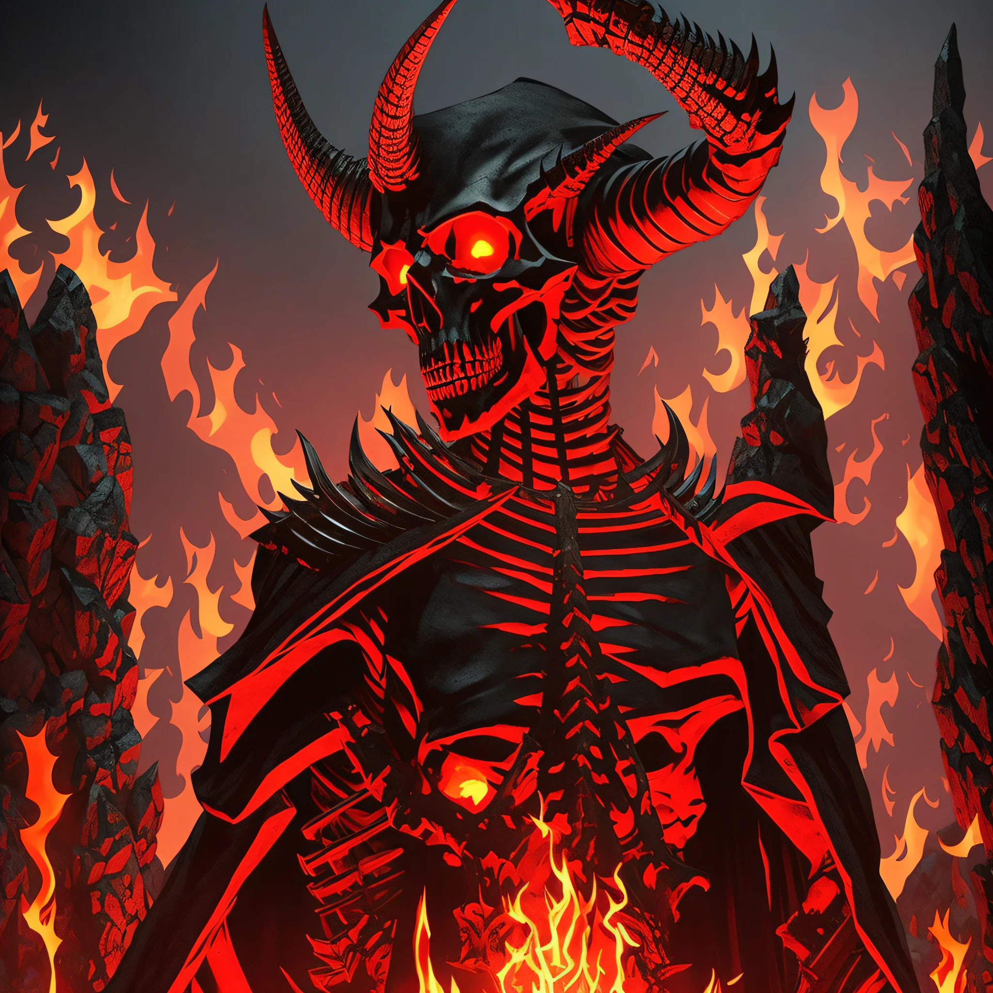 A hell on earth, fire, wizards, human skeletons. In the distant background, a giant horned human skeleton dressed in a black robe. Red lighting. Pulp art. --auto --s2