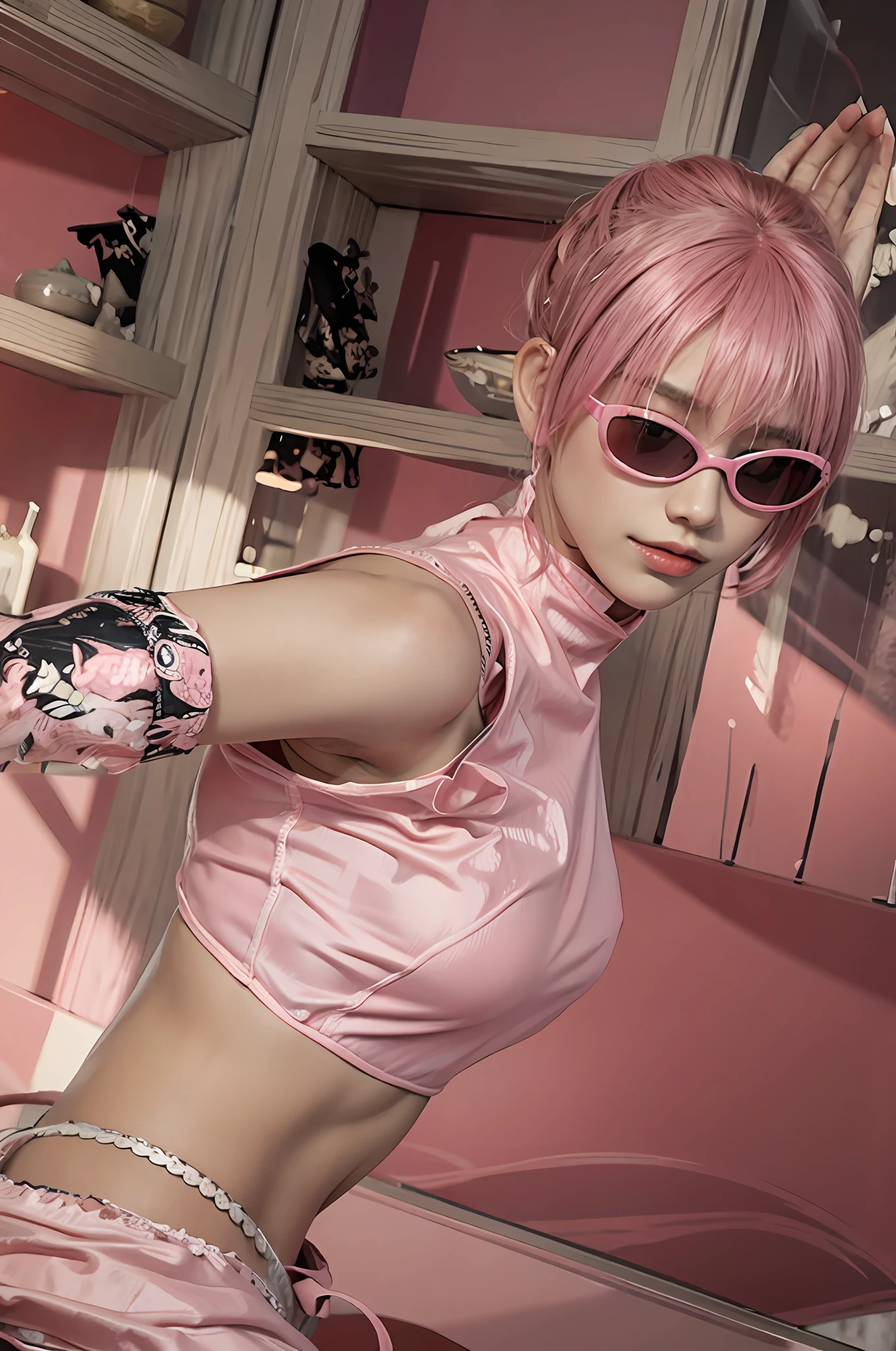 Pink hair, pink china clothes, sunglasses
