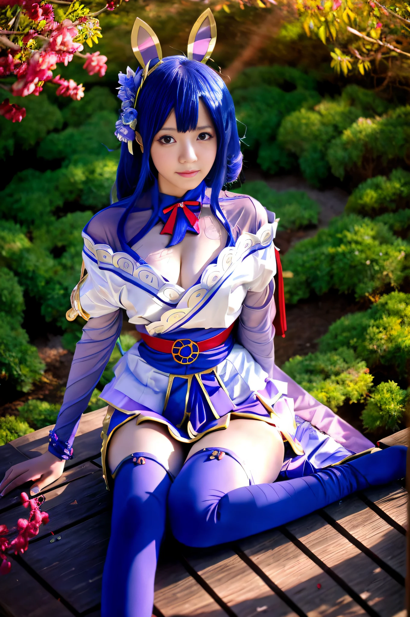 Arad woman sitting on dock with rabbit ears and blue skirt, anime girl role play, anime role play, anime goddess, portrait knight of zodiac girl, Ayaka role play, role play, anime girl in real life, full role play, gorgeous role play, role player, knight of zodiac girl, role play photo, charming role play, professional role play, elegant and charming role play, most detail, best light and shadow, 4k, big breasts