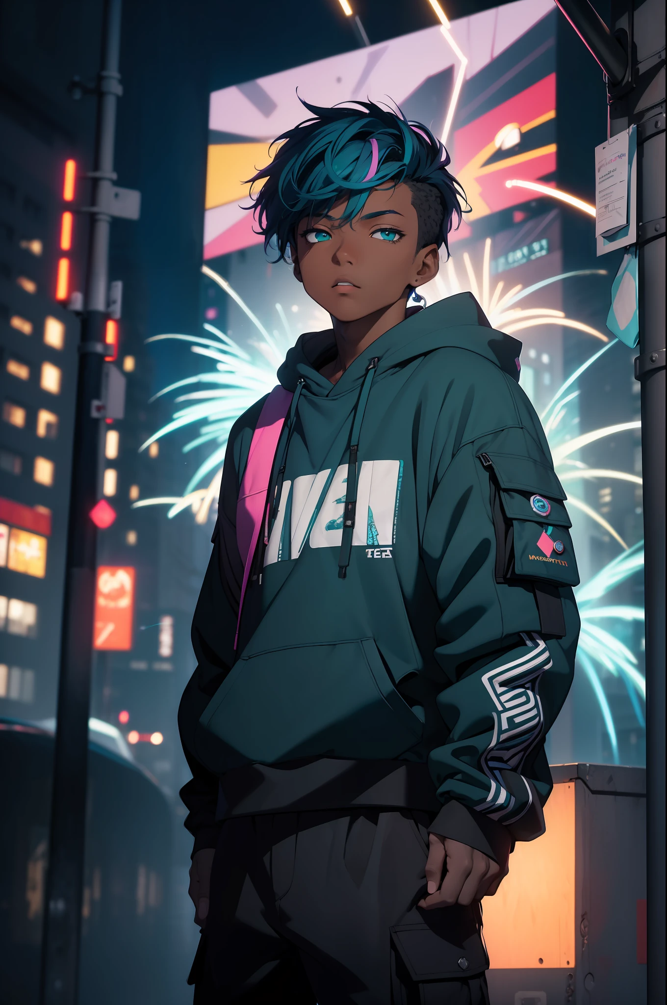 (masterpiece:1.4), 1boy, urban mage, Streetwear,cargo pants, street, (masterpiece, best quality, highres, ultra detailed ), night, depth of field, absurdres, (masterpiece:1.4), ultra-detailed, 1boy, dark-skinned, stand up, black and teal, short purple wildly hair with teal streaks, surrounded by neon and colored sparks