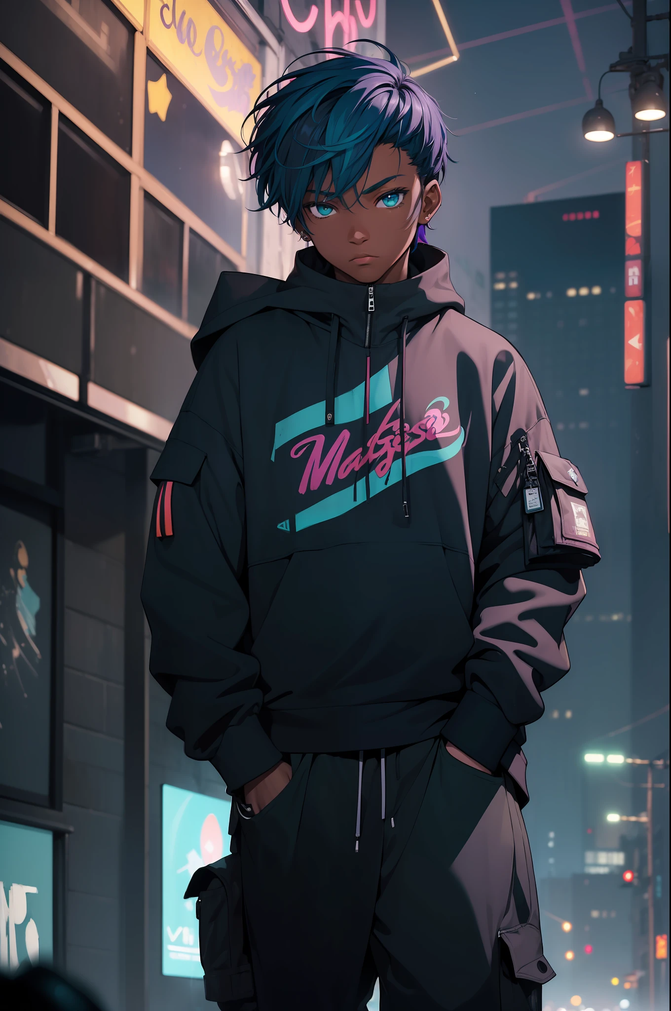 (masterpiece:1.4), 1boy, urban mage, Streetwear,cargo pants, street, (masterpiece, best quality, highres, ultra detailed ), night, depth of field, absurdres, (masterpiece:1.4), ultra-detailed, 1boy, dark-skinned, stand up, black and teal, short purple wildly hair with teal streaks, surrounded by neon and colored sparks
