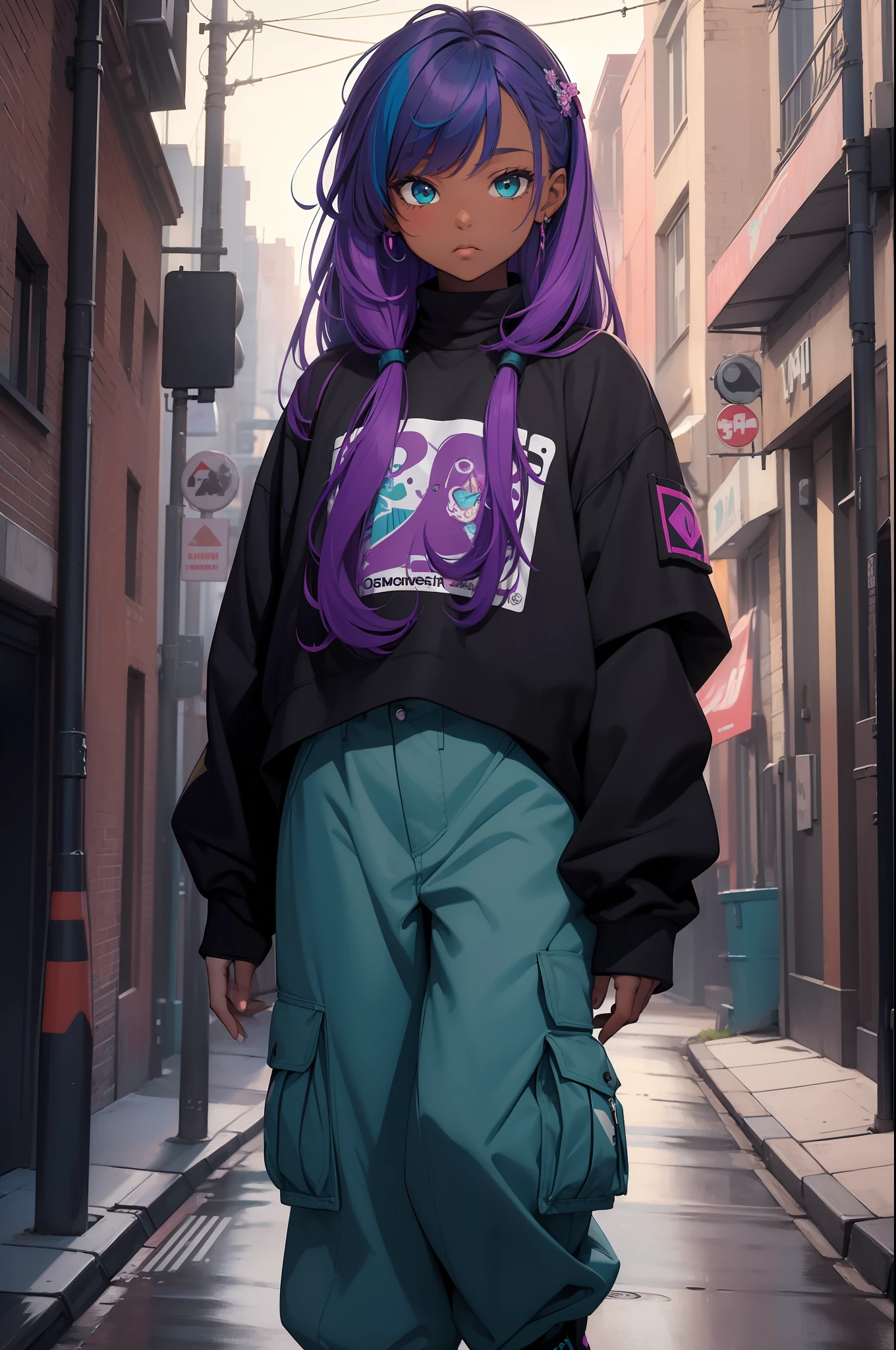 (masterpiece:1.4), 1girl, Streetwear,cargo pants, street, (masterpiece, best quality, highres, ultra detailed ), night, depth of field, absurdres, (masterpiece:1.4), ultra-detailed, 1girl, dark-skinned, stand up, magenta and teal, long purple wildly hair with teal streaks