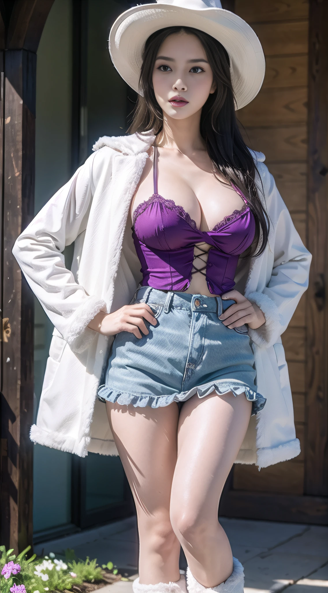 masterpiece, best quality,8k,highestres, absurdres, extremely detailed, nico robin, 1girl, solo, looking at viewer, long silky hair, she wore a revealing cowgirl outfit consisting of a purple cleavage-exposing corset and matching miniskirt, and a white fur-lined coat paired with a white cowboy hat and white high-heeled boots, full body shot, (Egypt background),///,