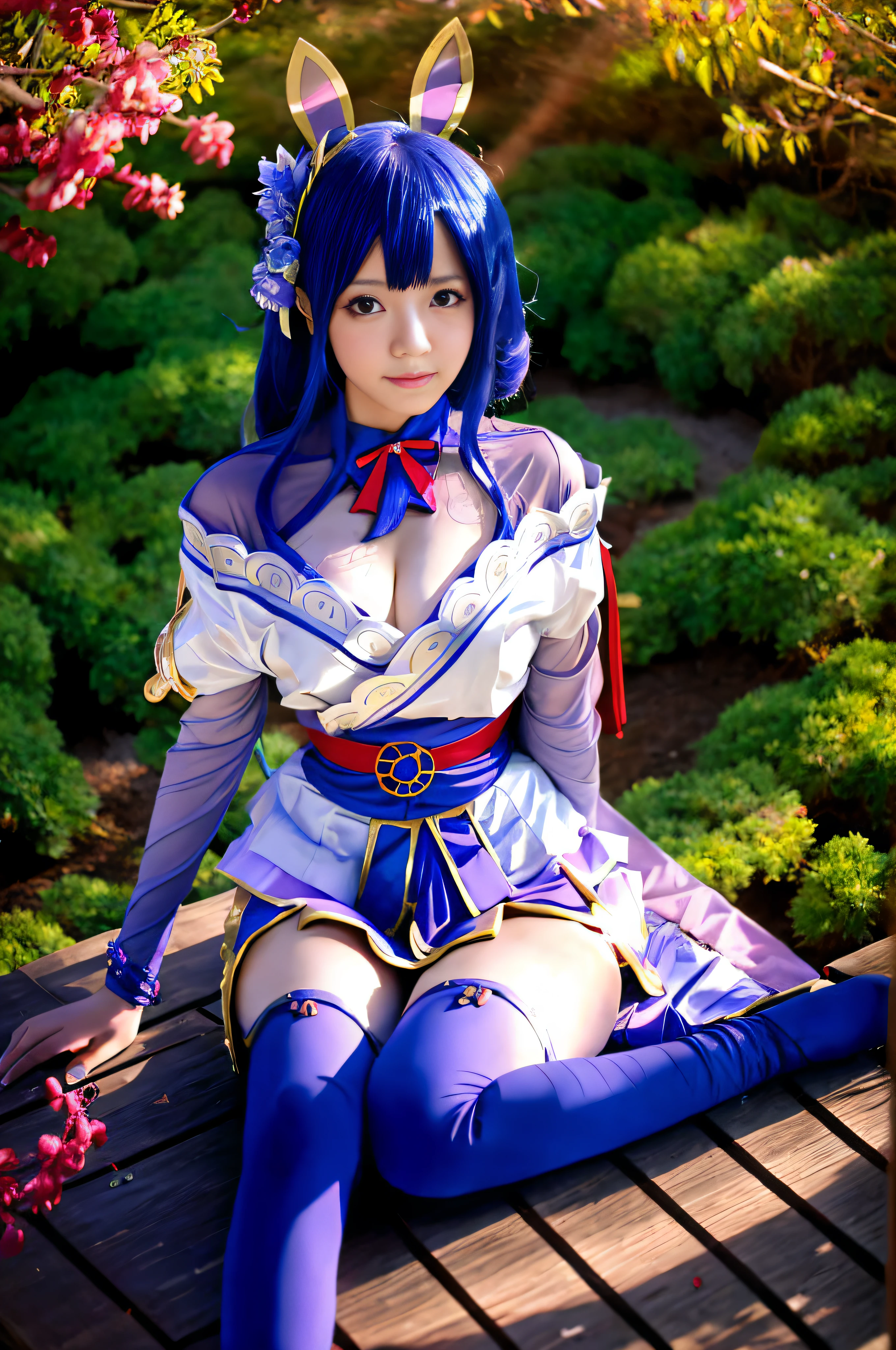 Arad woman sitting on dock with rabbit ears and blue skirt, anime girl role play, anime role play, anime goddess, portrait knight of zodiac girl, Ayaka role play, role play, anime girl in real life, full role play, gorgeous role play, role player, knight of zodiac girl, role play photo, charming role play, professional role play, elegant and charming role play, most detail, best light and shadow, 4k, big breasts