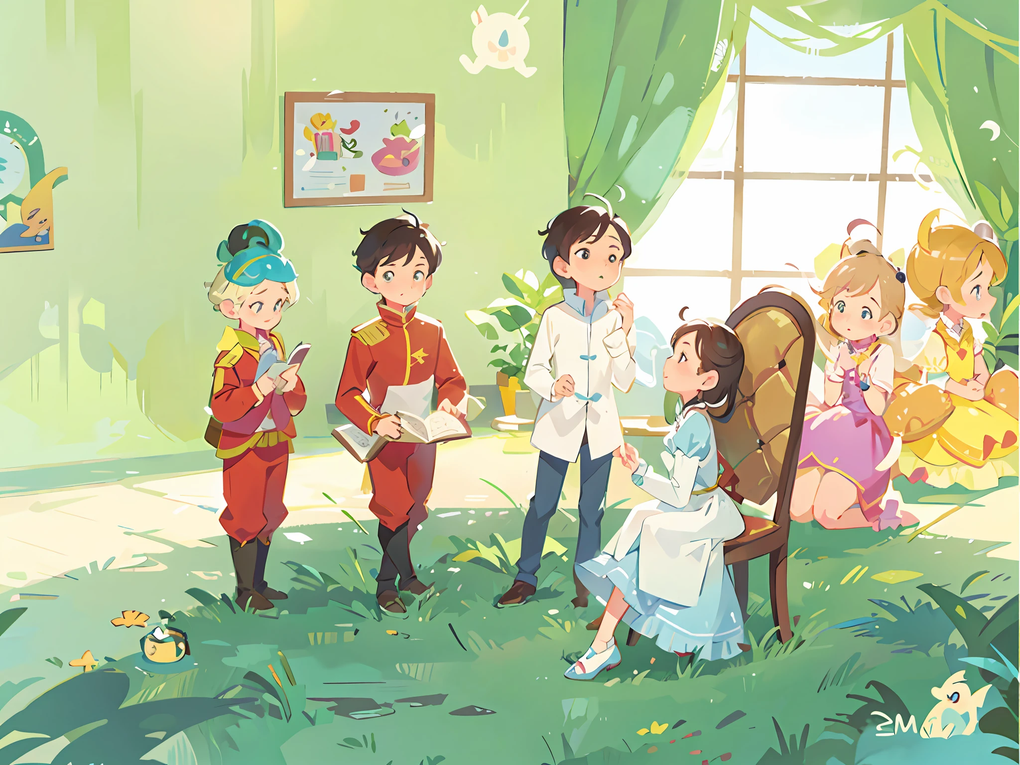 There is a group of people in a room with Cinderella sitting on a chair and next to a prince standing a storybook illustration, storybook illustration, storybook illustration, storybook illustration, cute storybook illustration, fairy tale illustration style, children's book illustration, children's book illustration, children's book illustration, children's book illustration, animated movie stills, by Yi Inmun, fairy tale illustration