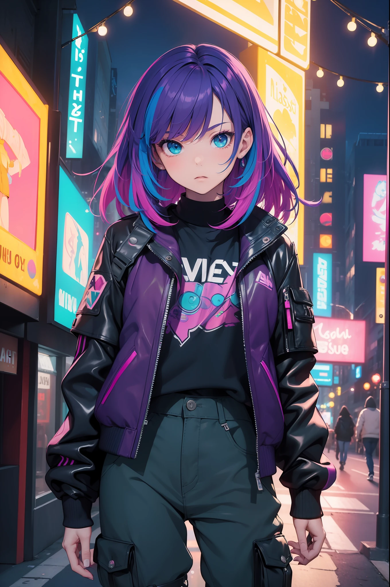 (masterpiece:1.4), 1girl, Streetwear, leather jacket, cargo pants, street, (masterpiece, best quality, highres, ultra detailed ), night, depth of field, absurdres, (masterpiece:1.4), ultra-detailed, 1girl, stand up, magenta and teal, short purple wildly hair with teal streaks, urban mage, surrounded by neon and colored sparks