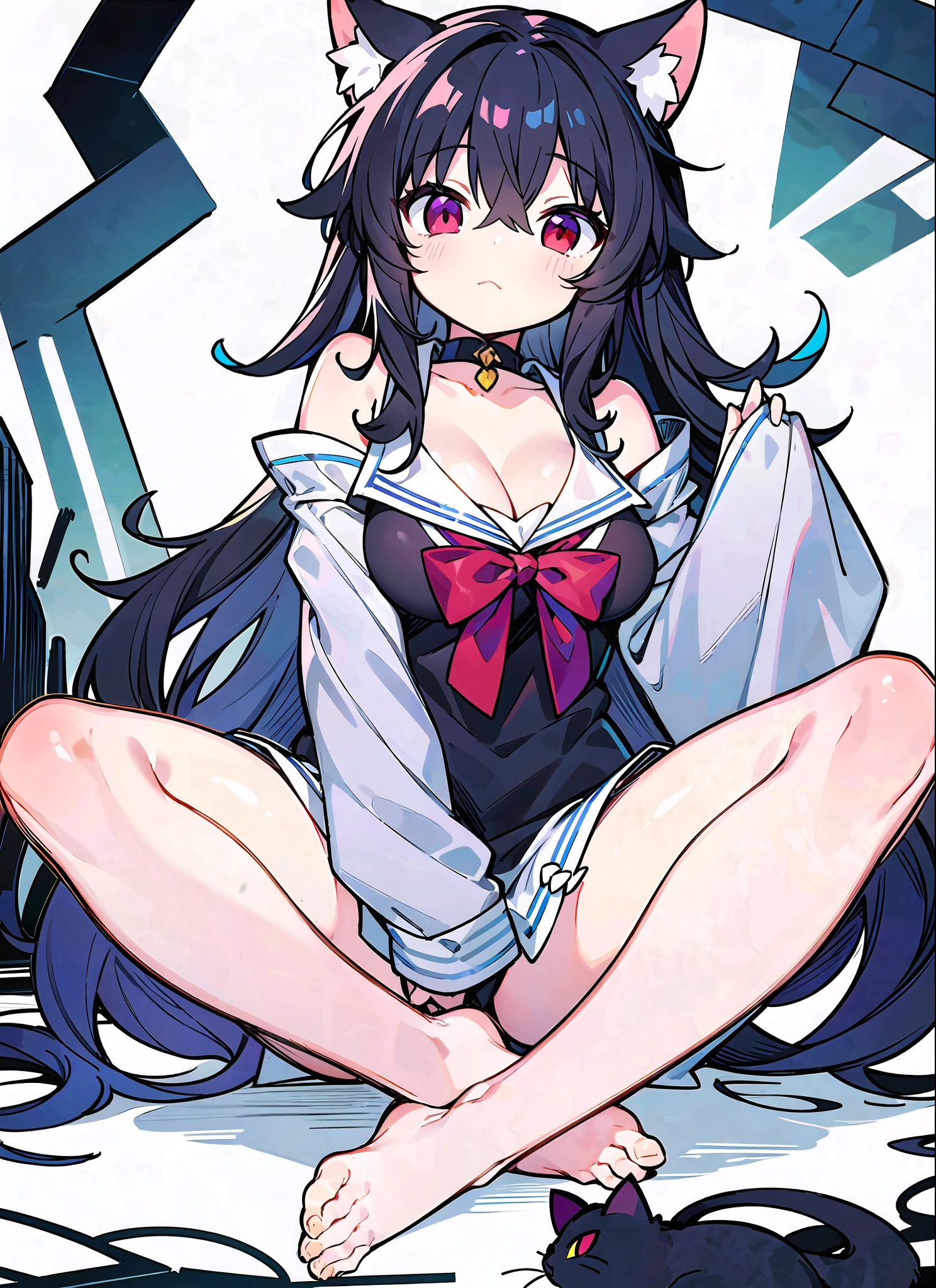 black hair ,long hair ,(medium breasts ,bare shoulders ,wide sleeves ,long sleeves ,red eyes ,messy hair ,cat girl ,bare legs ,bare feet ,sailors shirt ,thighs,cleavage ,sleeveless ,white background, full body ,cute ,li ,ch