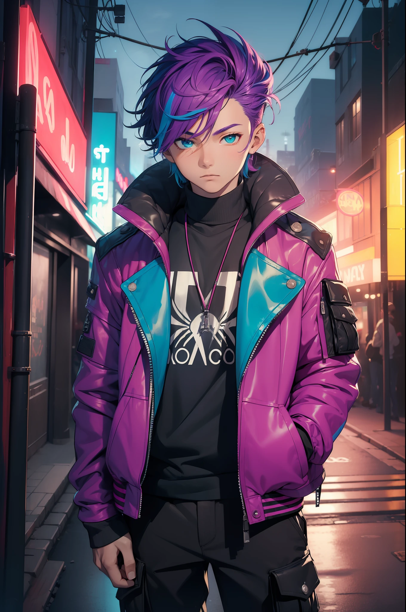 (masterpiece:1.4), 1boy, Streetwear, leather jacket, cargo pants, street, (masterpiece, best quality, highres, ultra detailed ), night, depth of field, absurdres, (masterpiece:1.4), ultra-detailed, 1boy, stand up, magenta and teal, short purple wildly hair with teal streaks, urban mage, surrounded by neon and colored sparks