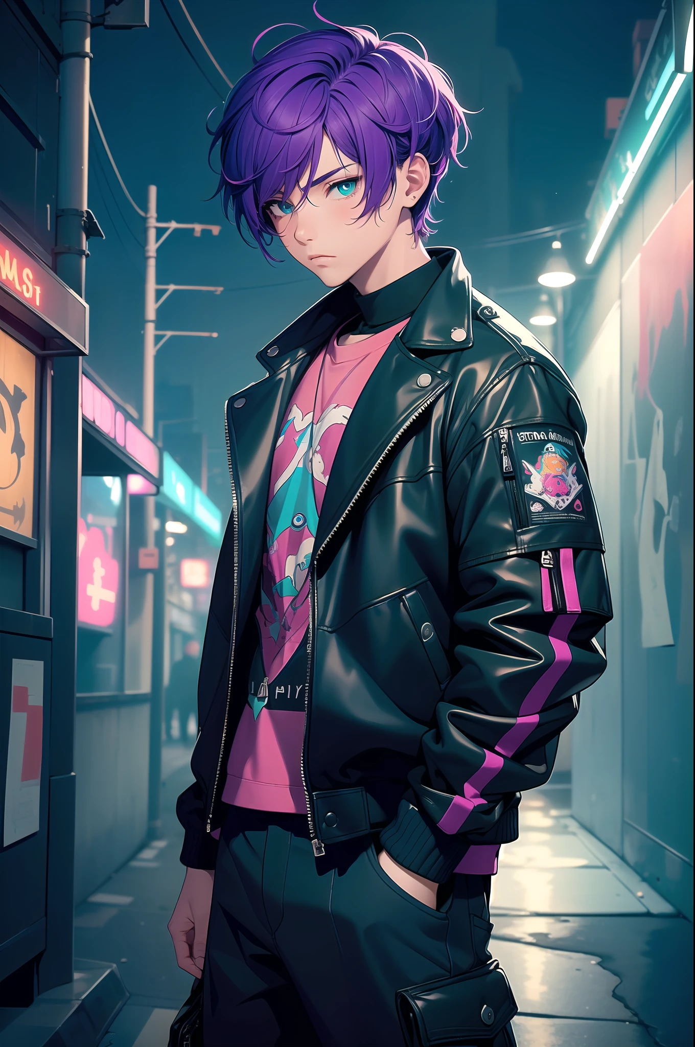 (masterpiece:1.4), 1boy, Streetwear, leather jacket, cargo pants, street, (masterpiece, best quality, highres, ultra detailed ), night, depth of field, absurdres, (masterpiece:1.4), ultra-detailed, 1boy, stand up, magenta and teal, short purple wildly hair with teal streaks, urban mage, surrounded by neon and colored sparks