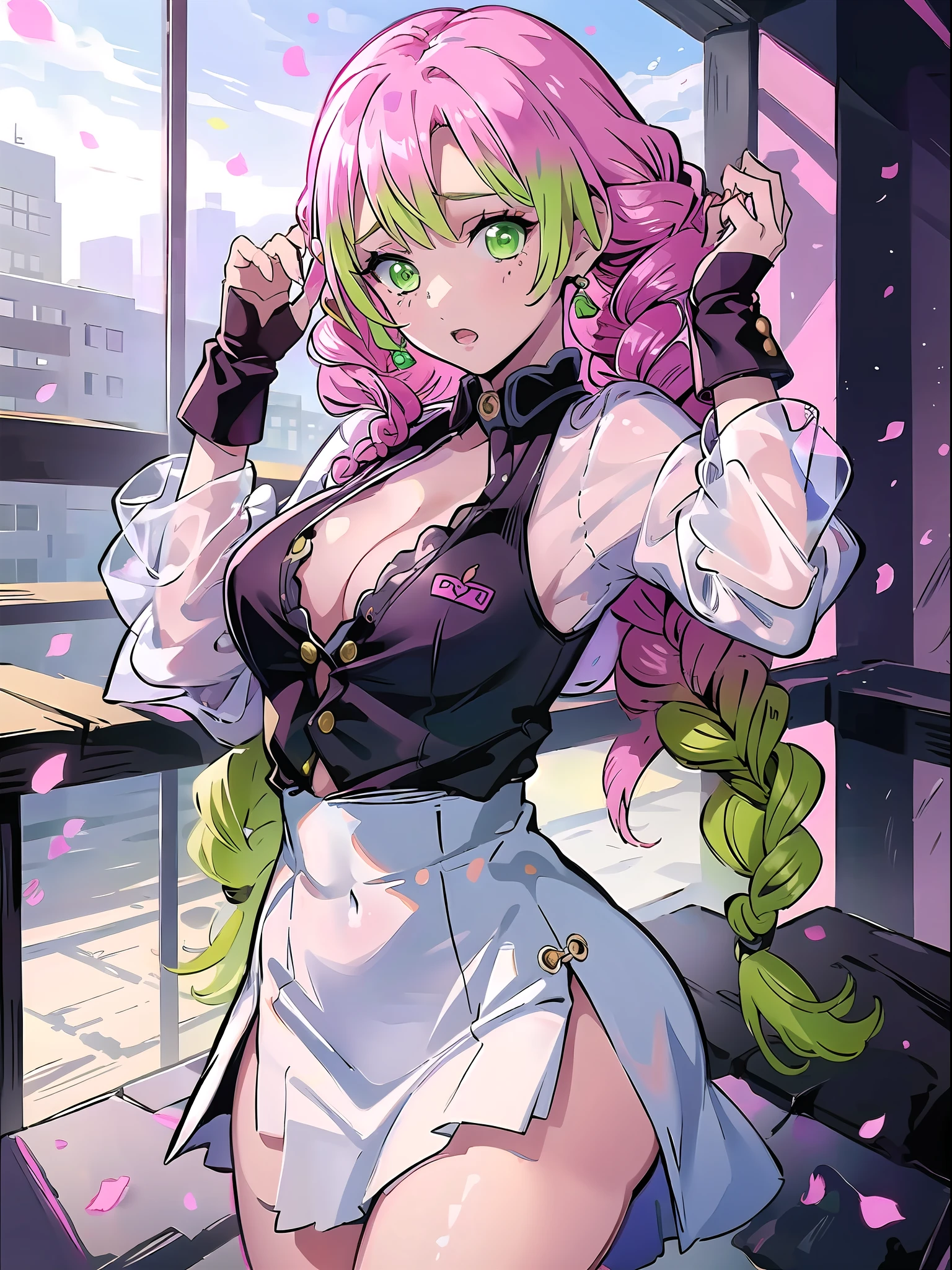 kanroji_mitsuri, 1girl (Masterpiece) (Best Quality) (Glossy Hair) (Glossy Skin), Tucked Flared Lace see-through Blouse, Dancing Princess, Gradient Hair, Pink Hair, Green Hair,