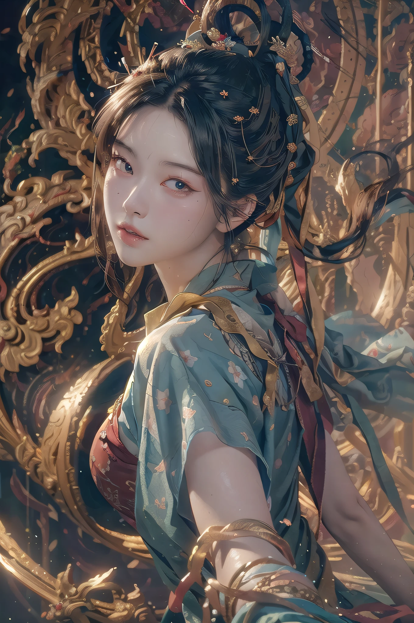 (RAW photo, best quality), (realistic, photo-realistic:1.3),best quality,highly detailed,masterpiece,ultra-detailed,illustration,1girl,upper_body,dynamic angle,world masterpiece theater,messy_long_hair,best quality,extremely detailed CG unity 8k wallpaper,ink,Amazing,cinematic lighting,lens_flare, dunhuang_style