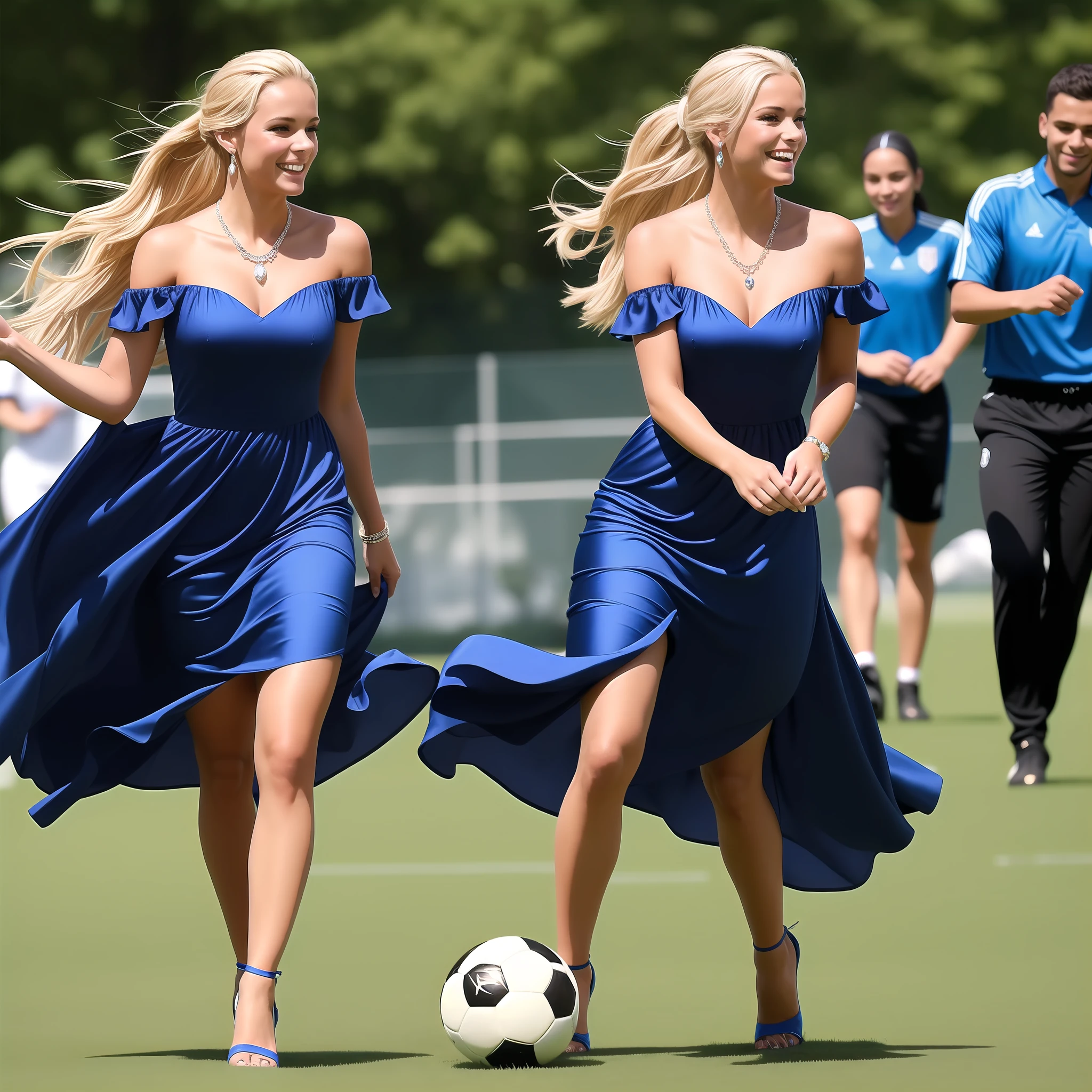 Chasing the soccer ball, Stacy ran down the grassy soccer field wearing a stunning deep blue floor-length ballgown adorned with delicate rhinestones that glimmered like stars. The off-the-shoulder sweetheart neckline and fitted bodice accentuated her figure, and added a touch of gracefulness. For jewelry, she wore a pair of silver drop earrings that dangled delicately a simple silver bracelet, and a matching necklace. On her feet, she wore a pair of strappy, royal blue stilettos that added a touch of sophistication to her overall look. With her long blonde hair elegantly styled and a subtle hint of makeup, Stacy was ready to play the best soccer game of her life! With a smile on her face, Stacy ran toward the ball and kicked it to her teammate.