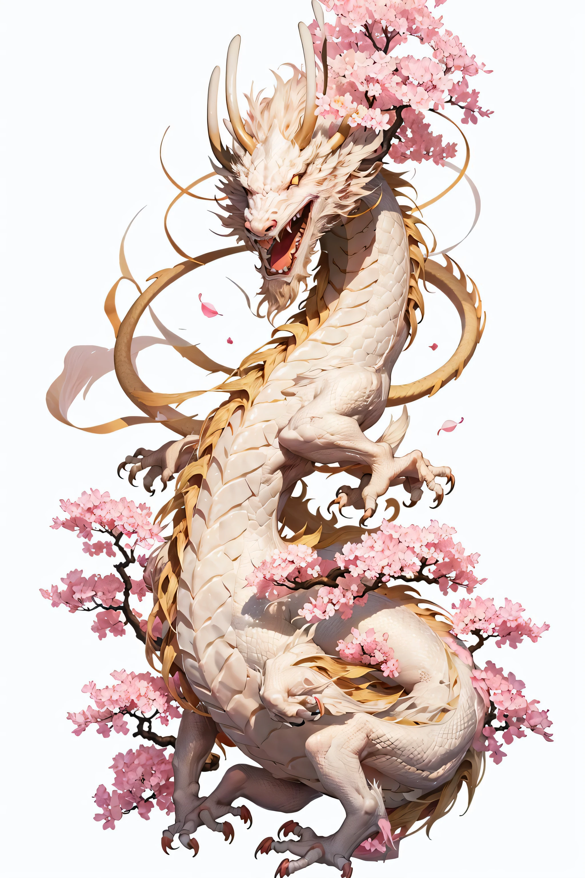 logo,masterpiece,(on a white background:1),white chinese dragon surrounded by white clouds,pink sakura trees,petals,wind,god,long wavy body,fangs,fantasy, mythical, high quality, highly detailed, masterpiece, epic,particles effect,dynamic effect,sun in the background