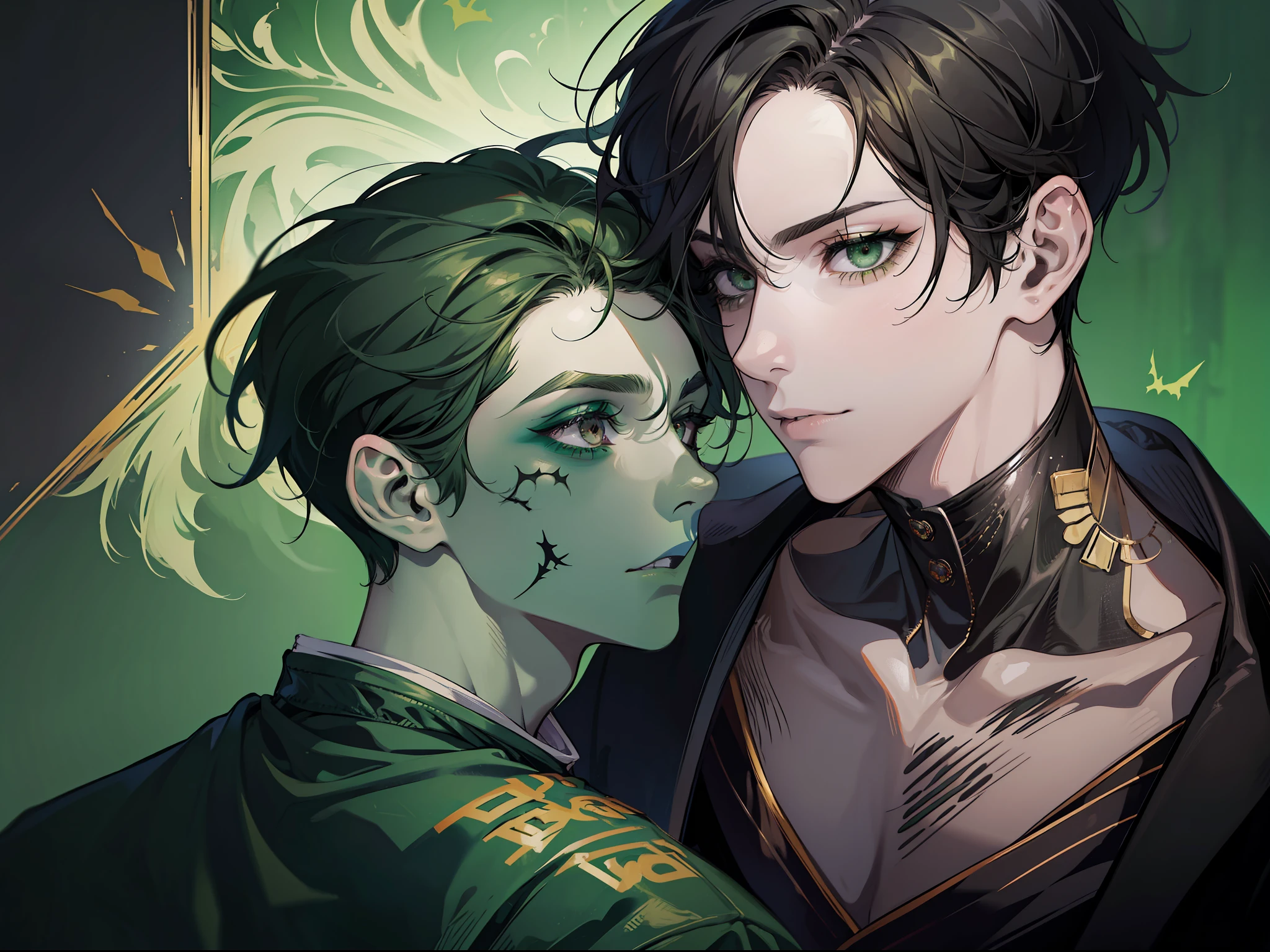A man with dark green hair, wearing old clothes, with Halloween makeup painted on his face, cute and handsome, and another man (black hair, tall) sat face to face on the edge of the bed, looking at each other