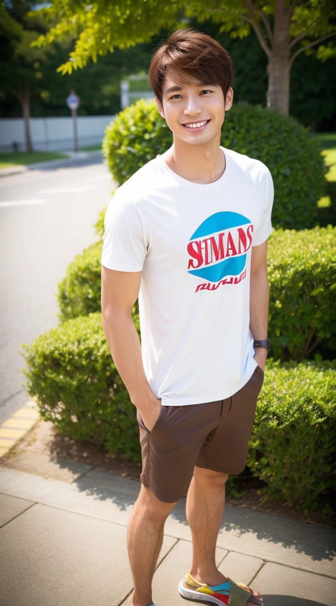 a man about 25 years old, brown hair, smile, sharp focus, full body (1.5), summer, T-shirt, short hair,