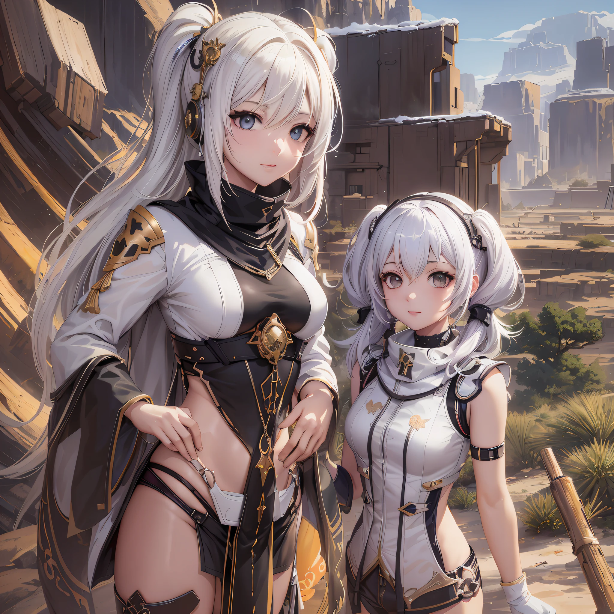 anime - style image of two women in a desert setting, wlop and sakimichan, 2. 5 d cgi anime fantasy artwork, guweiz on artstation pixiv, guweiz on pixiv artstation, cushart krenz key art feminine, characters from azur lane, high detailed official artwork, from the azur lane videogame