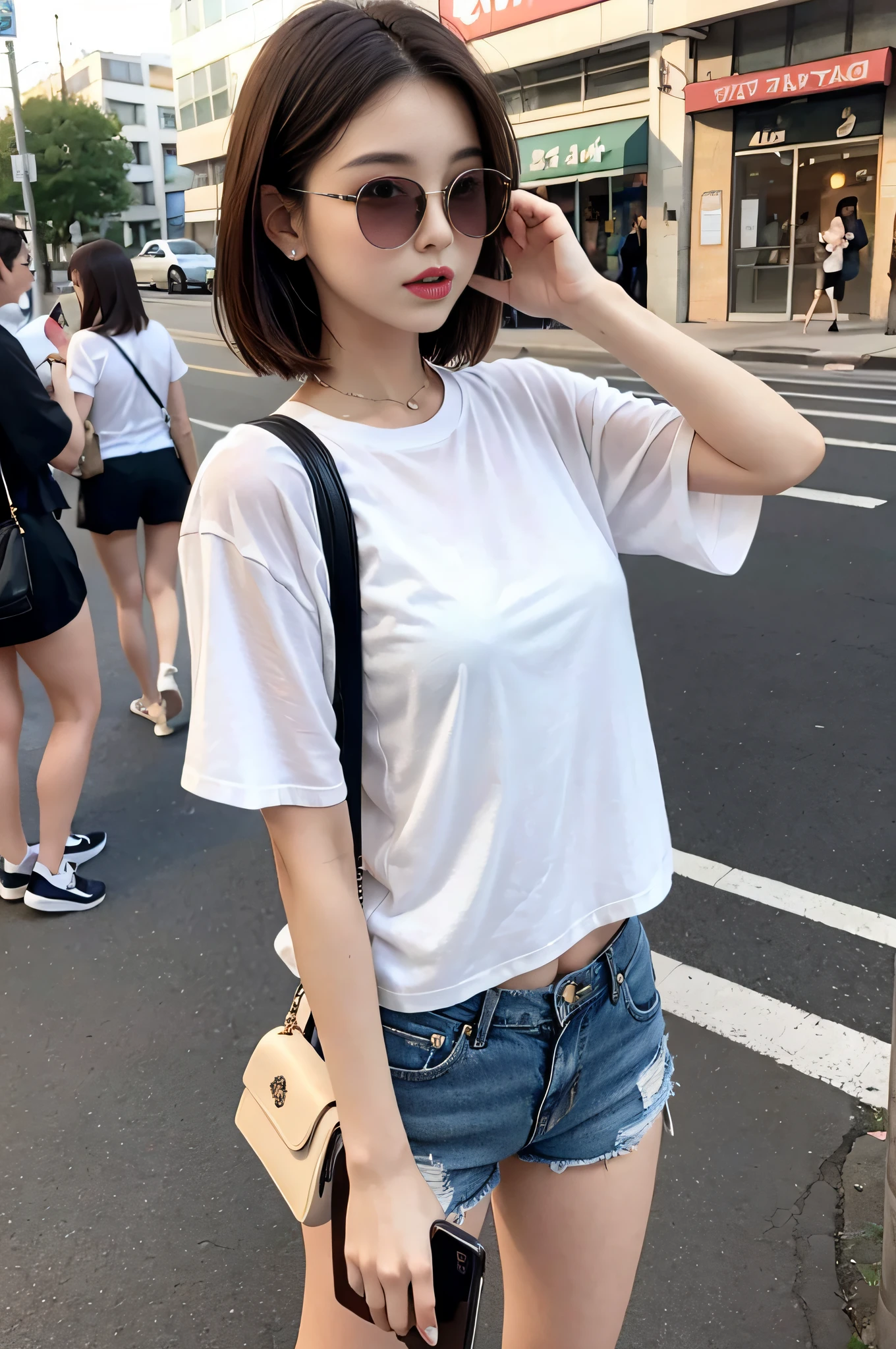 Beautiful woman, fiddling with cell phone in the middle of the street, short clothes