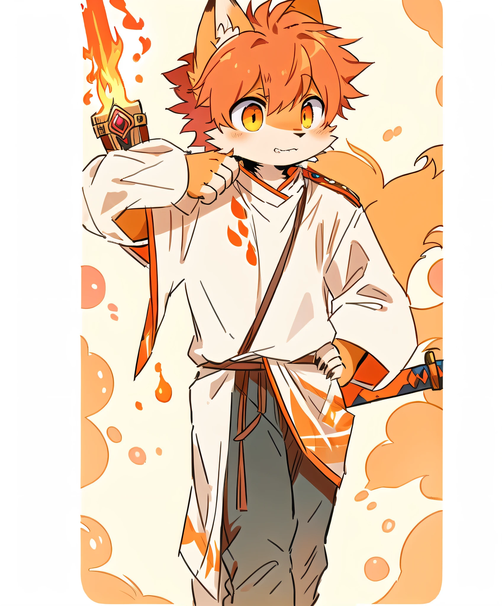 Masterpiece, masterpiece, high quality, orange fox ears, an orange fox holding a large sword, orange fox tail, flame element, two fire slimes on the shoulder, furry boy, handsome, cat claw, normal cat claw structure, meat pad