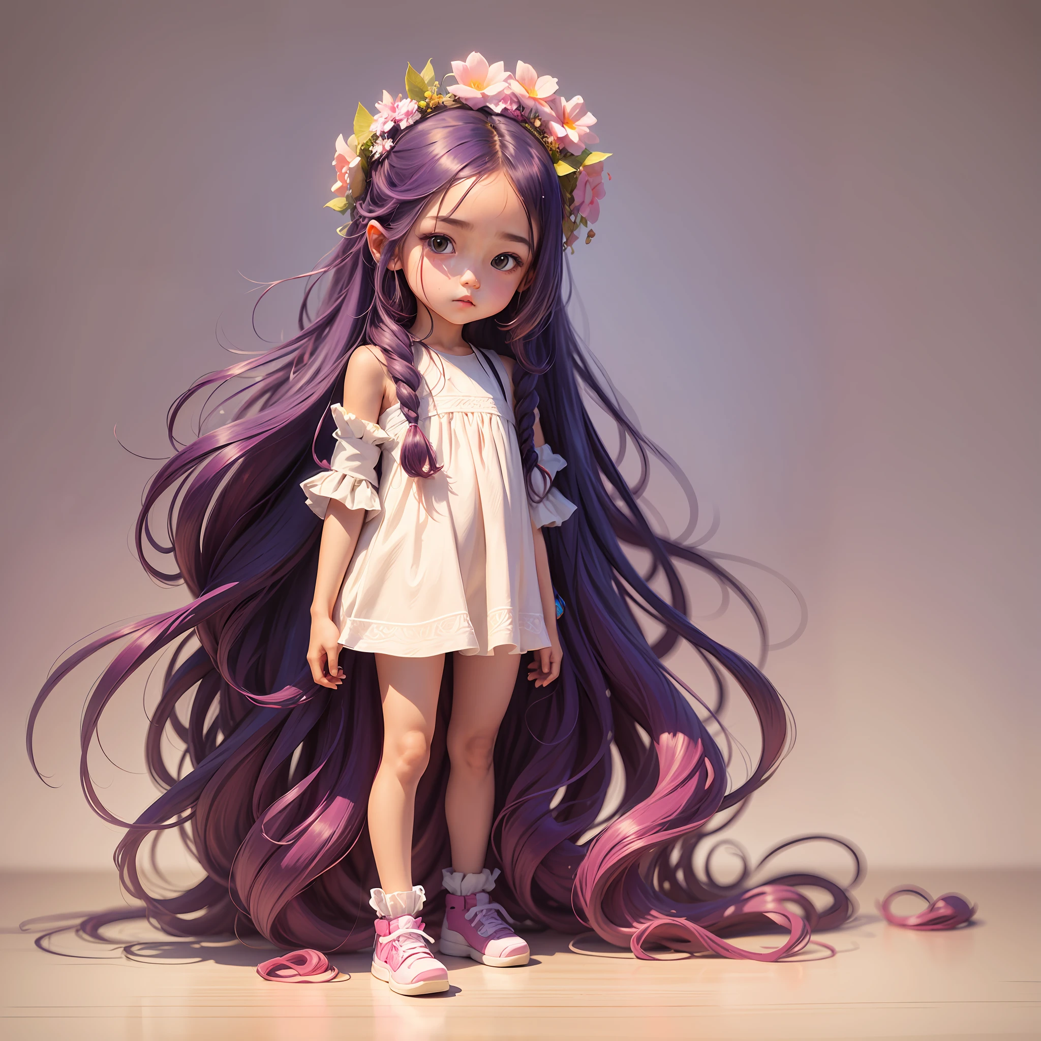 figure of a small girl, long hair, clean background, vibrant colors and little shade, dreamy art --auto --s2