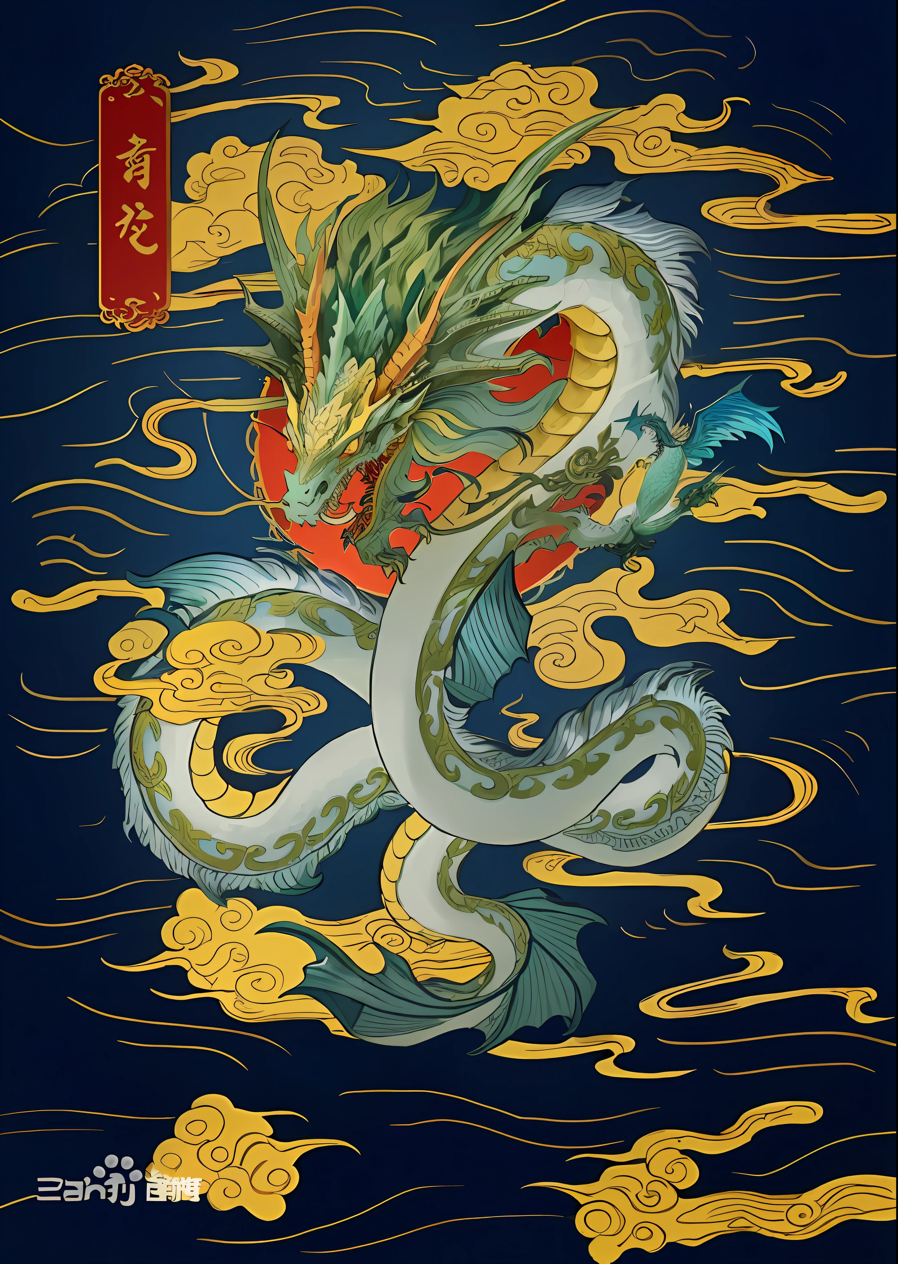 There is a dragon with a red ball in its mouth, majestic Chinese dragon, smooth Chinese dragon, Chinese dragon, inspired by Yoshiya Utagawa, cyan Chinese dragon fantasy, Chinese dragon concept art by Kanō Tan'yū, sea serpent, inspired by Utagawa Kuniyoshi, winged dragon snake