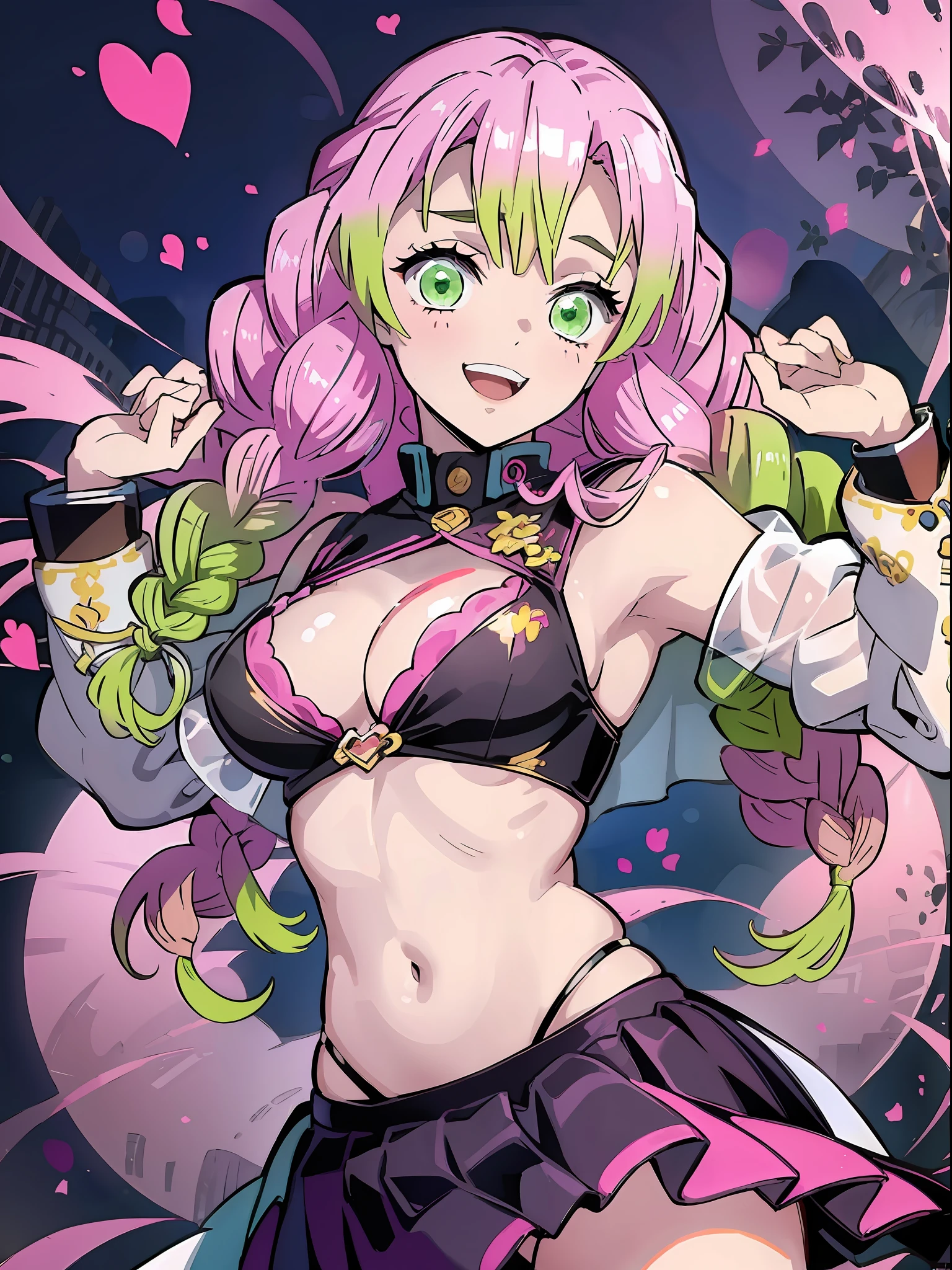 kanroji_mitsuri, 1girl (Masterpiece) (Best Quality) (Shiny Hair) (Glossy Skin), Tucked Flared Lace see-through Blouse, Belly Dancing, Paleo, Dancing Princess, Gradient Hair, Pink Hair, Green Hair, Smile, Wink, Skirt,