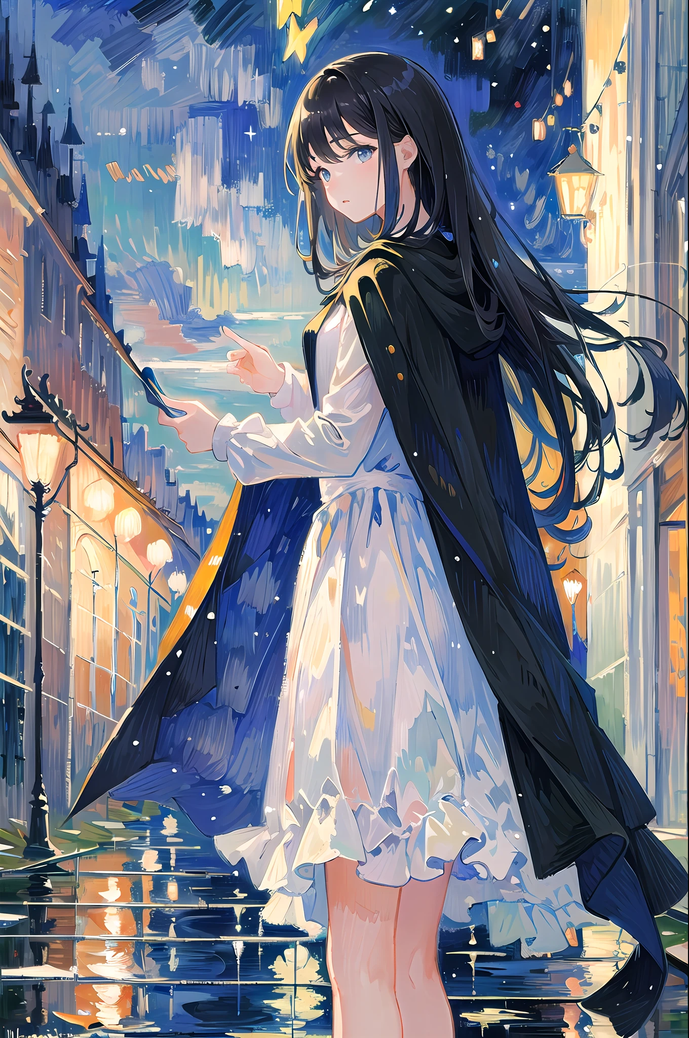 ((masterpiece:1.2, best quality)), 1girl, solo, black hair, long hair, dress, night, star (sky), sky, night sky, starry sky, grey eyes, very long hair, cape, dark hair, magic, casting spell, dark clouds, night, (impressionism:1.4),