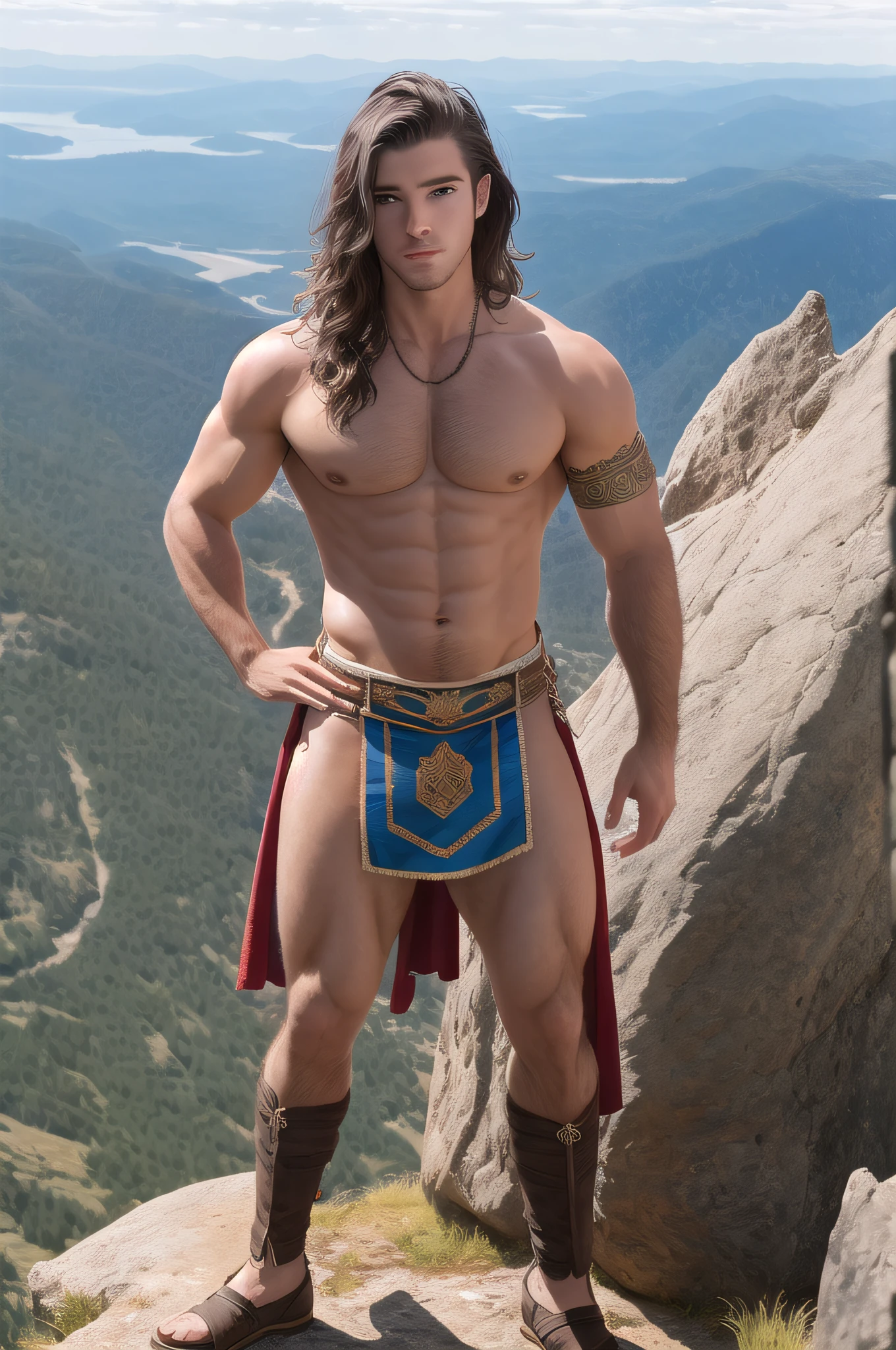 Logan, 25 years old. Handsome with long dark blond hair. with large eagle wings. Dressed in loincloth and topless. Standing on a rock above beautiful views. Photorealistic, Hyperdetailed,High Quality,8K