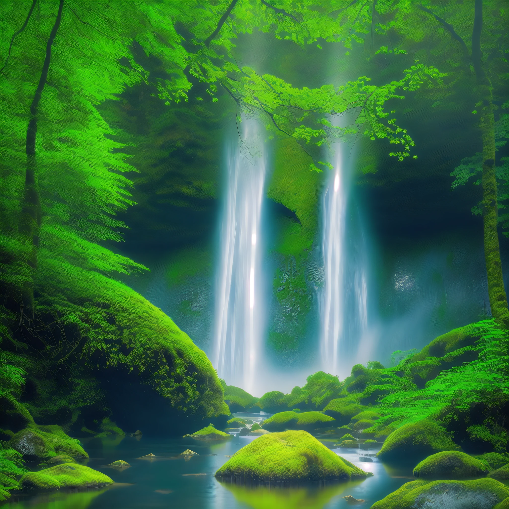 painting of a waterfall in a green forest with a sunbeam, waterfalls, amazing depth, breathtaking masterpiece of art, peaceful beautiful waterfall, multiple waterfalls, an endless waterfall, (waterfall), waterfall(beautiful, waterfall backdrop, waterfall, beautiful art uhd 4 k, streams of flowing light, soft airbrushed artwork, immense waterfall, cascading iridescent waterfalls