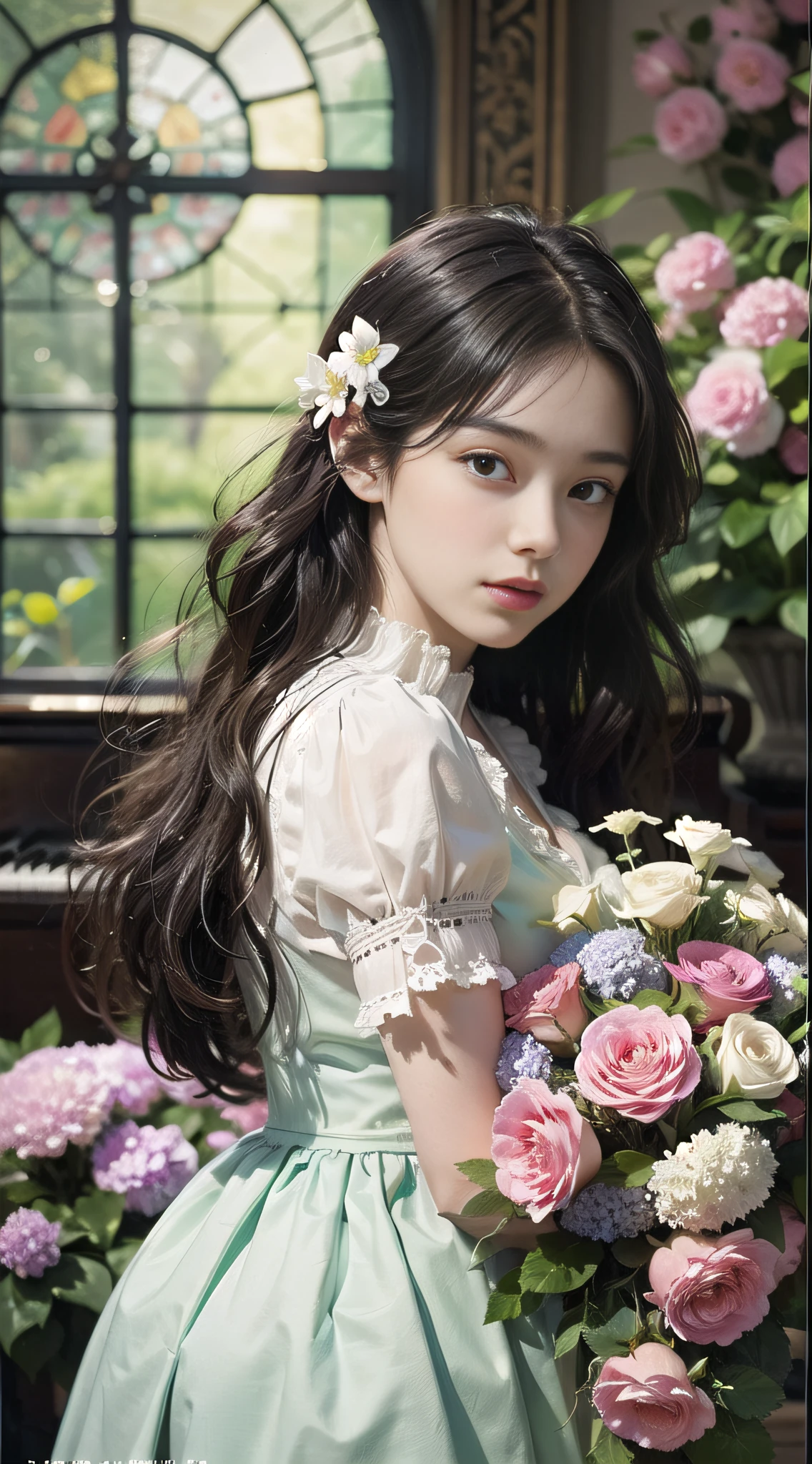 ((Masterpiece, high quality)), high angle, editorial pose, 1girl, playing a flower decorated piano, very dedicated look, classic piano, piano highly decorated with flowers, piano decorated with colourful flowers on top, colorful flower, poison ivy crawling at window, roses, hydrangeas, majestic lighting, photorealistic, dramatic lighting, stained glass window & door, light leak, lens flare light, colourful lighting from top, dreamy vintage film look photo, matte, extra film grain, kodak potra colour, slightly green tint shadow, vintage photo frames