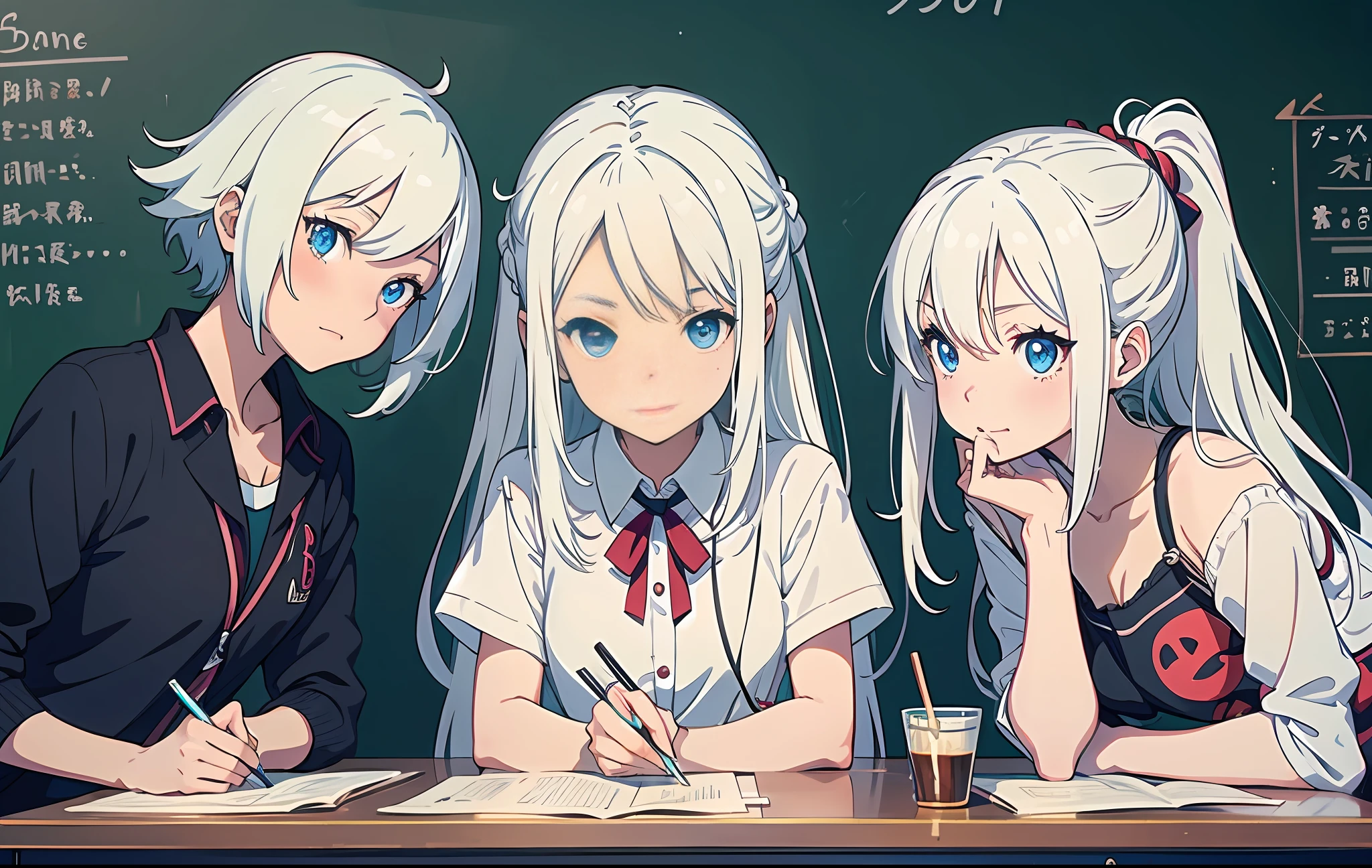 In front of the blackboard there are anime girls with long white hair and blue eyes, little girls, anime moe art style, beautiful anime high school girls, perfect white hair girls, anime visuals of cute girls, very cute anime girl faces, white hair girls, anime best girls, cute anime faces, white hair