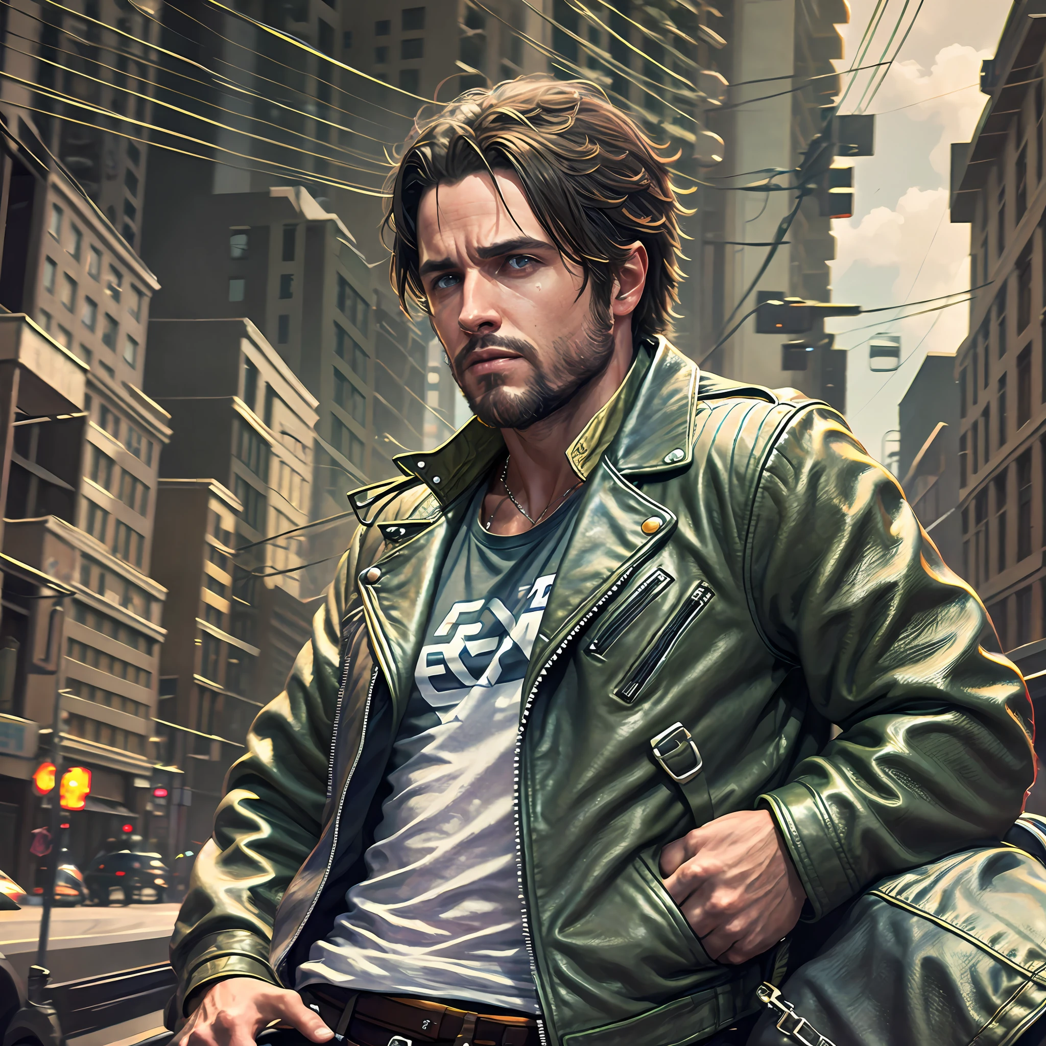 The male protagonist of the movie Need for Speed wears a leather jacket, Aaron Paul 3D rendering, concept art such as Ernest Khalimov, inspired by Ken Kelly, with a Ford Mustang in the background --auto --s2