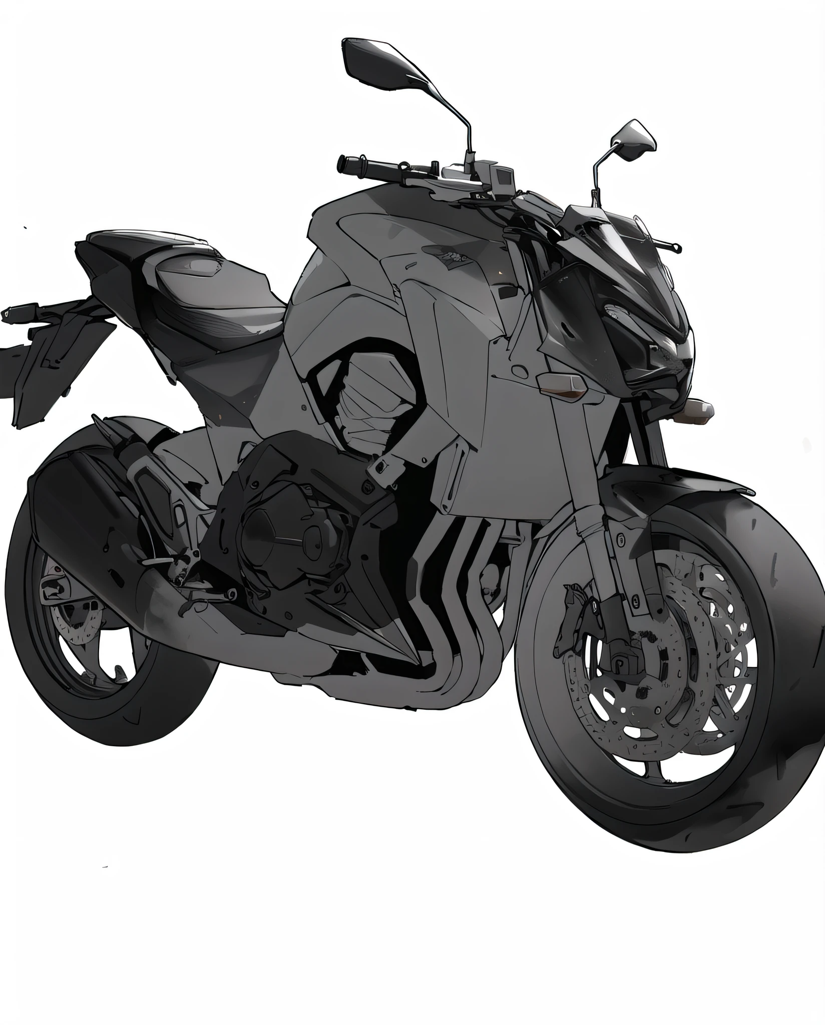 Close-up of motorcycle, smooth lines, monochrome painting, pure white background, rough hand-drawn style, not delicate, flat paint of color blocks