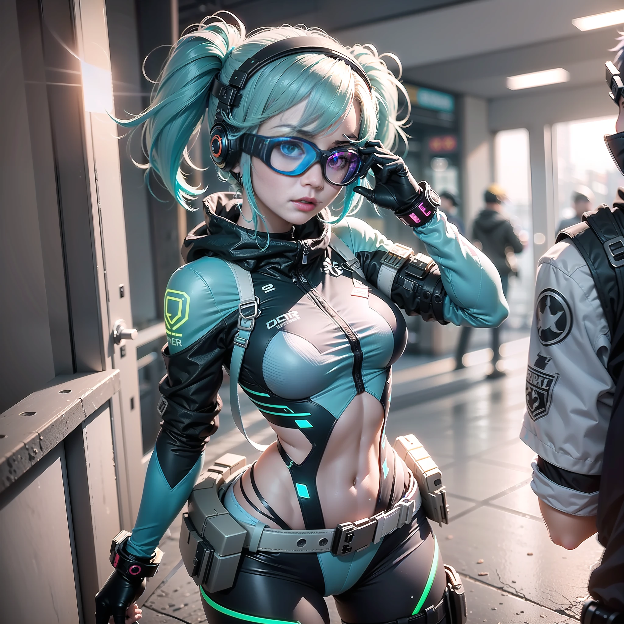 (Best Quality)), (Masterpiece)), (Details:1.4), 3D, Image of young petite woman in chameleon-inspired grey and orange hot pants type cyberpunk suit, light blue hair color, medium hair, assassin style, ninja costume, mechanical cyber belt with optical camouflage device, stealth, HDR (high dynamic range), Shocker's Belt, Ray Tracing, NVIDIA RTX, Super Resolution, Unreal 5 , Subsurface Scattering, PBR Texturing, Post-Processing, Anisotropic Filtering, Depth of Field, Maximum Clarity and Sharpness, Multi-Layer Textures, Albedo and Specular Maps, Surface Shading, Accurate simulation of the interaction between light and material, ((Wide hairband-style cyber headgear designed with chameleon eyes in mind)), (hide ears), goggles with lenses that hide the eyes, cyber mask with a strange design that hides the mouth, ((full body)), sharp focus, octane rendering, two-tone lighting, wide aperture, low ISO, white balance, rule of thirds, 8K RAW, Circuit Board AI, 4k, Fog, City Wall Background at Night