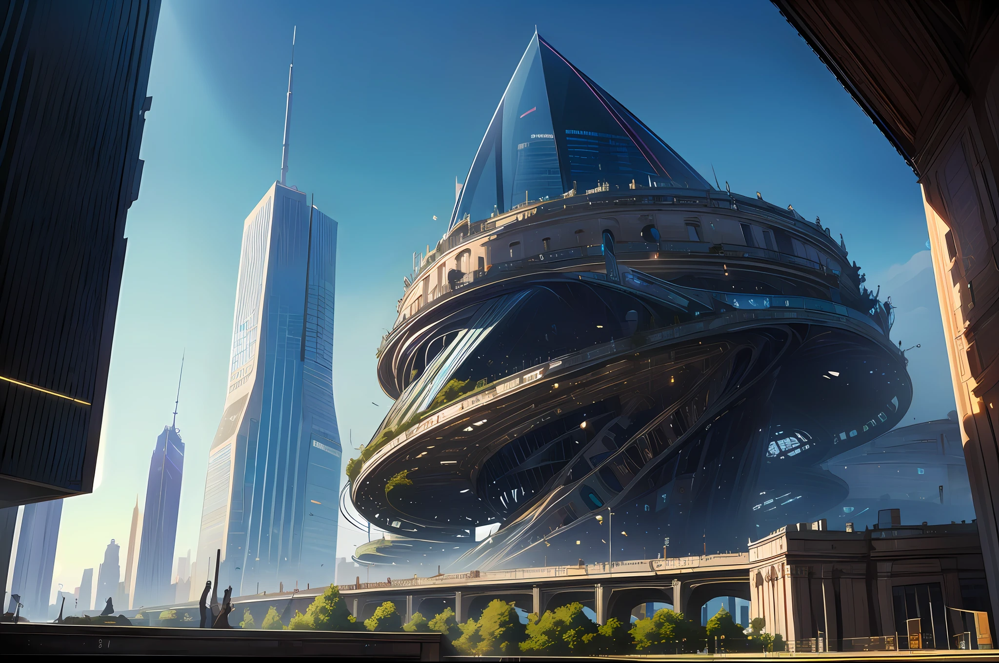 Visualize a futuristic skyline of Paris in 2500, with towering skyscrapers and advanced architectural designs that blend innovation with the city's historical charm.
