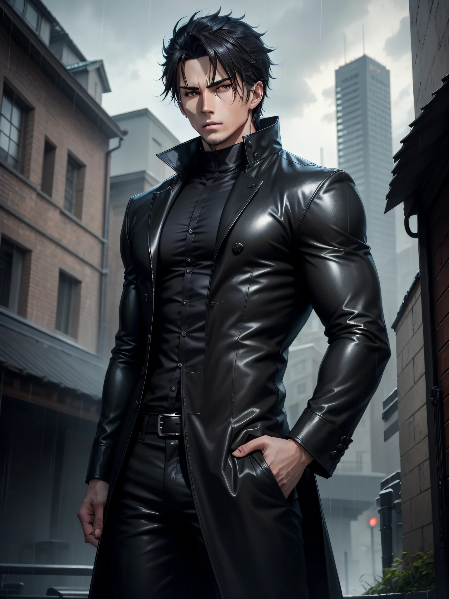 Anime male standing in the rain with black coat and shirt, handsome guy with evil eyes, especially cool, anime handsome man, male anime character, handsome anime pose, right hand clenched fist, left hand in trouser pocket, leaking full of muscles, background deep mountains, towers, ancient buildings --auto --s2