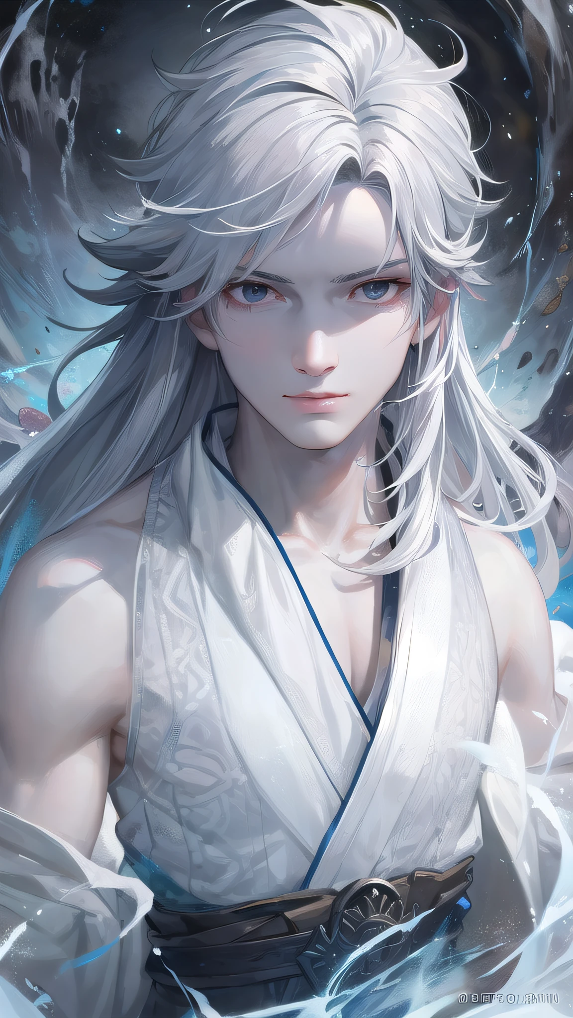 Close-up of a white-haired boy, hairline separated from the middle, beautiful ink color patterns on clothes, beautiful character paintings, Guvitz, Guvitz-style artwork, white-haired god, Yang J, epic exquisite character art, amazing character art, Fan Qi, Wu Zhun Shifan, Guvitz in the pixiv art station, clear and cold face,