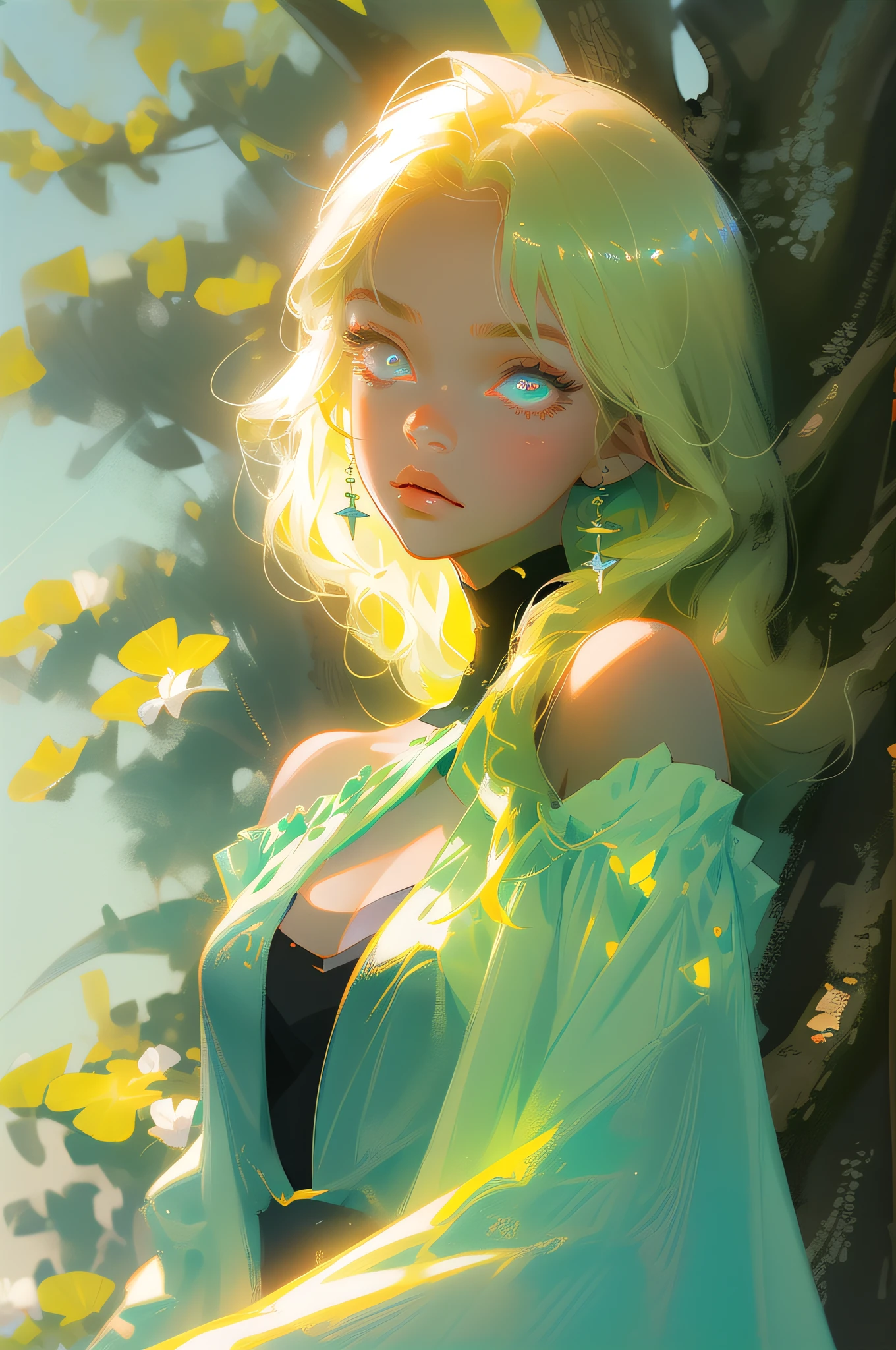 masterpiece, best quality, ultra high res,Fluorescent color,
1girl, looking at viewer, beauty face,beauty eyes,(off shoulder:1.2), looking up, upper body, plant,tree, shiny hair, shiny skin, glowing, glowing flower, cleavage, cleavage cutout, chibi,