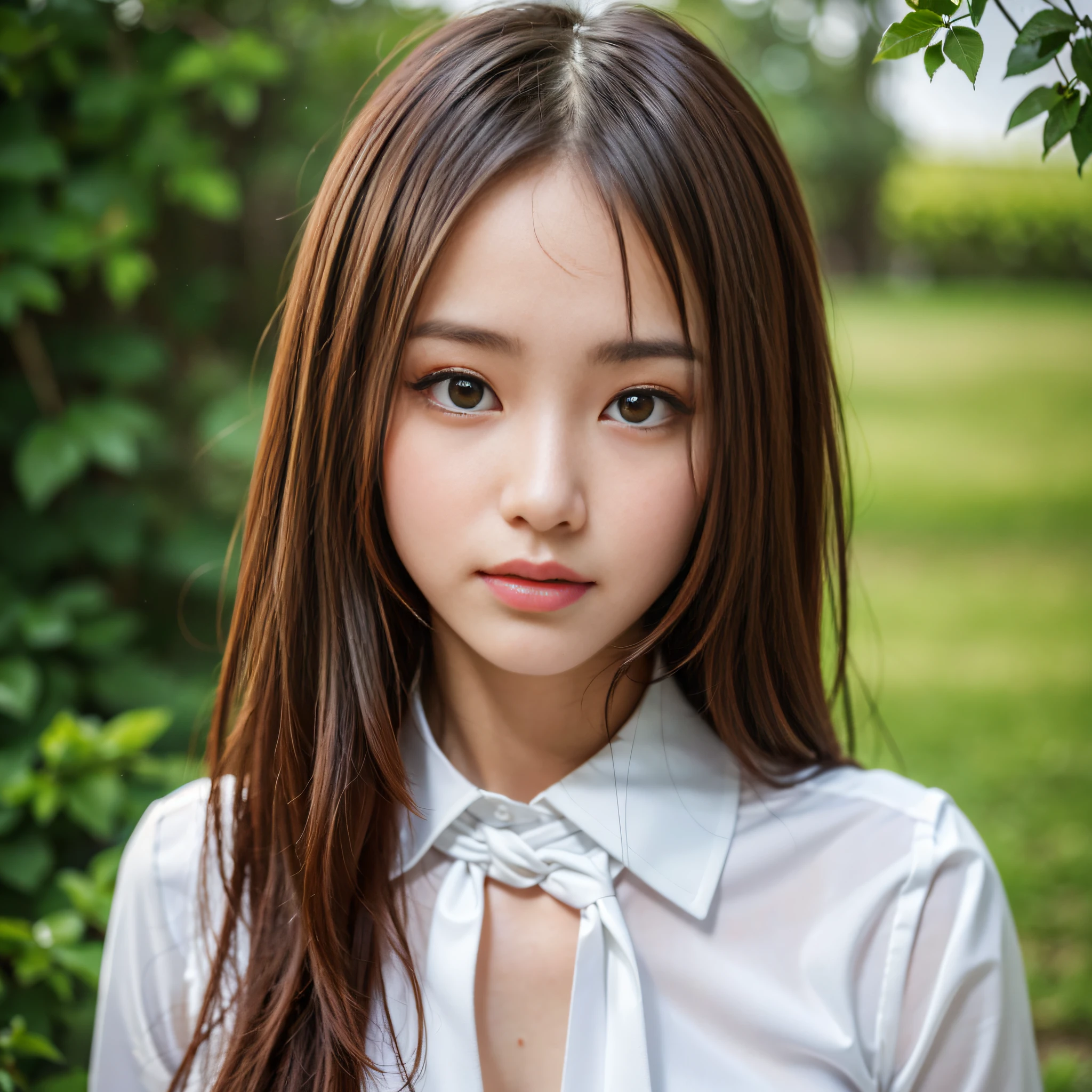 (8k, masterpiece, best quality, high resolution, photorealistic), (1girl), park, upper body, medium breasts, 18 years old, very cute Japan woman, very detailed face, very detailed eyes, double eyelids, super densely drawn body, super dense arms, super dense hands, super dense feet, focus on face, small face, sharp focus, standing facing forward, blouse with white collar, Small lips, gravure idol