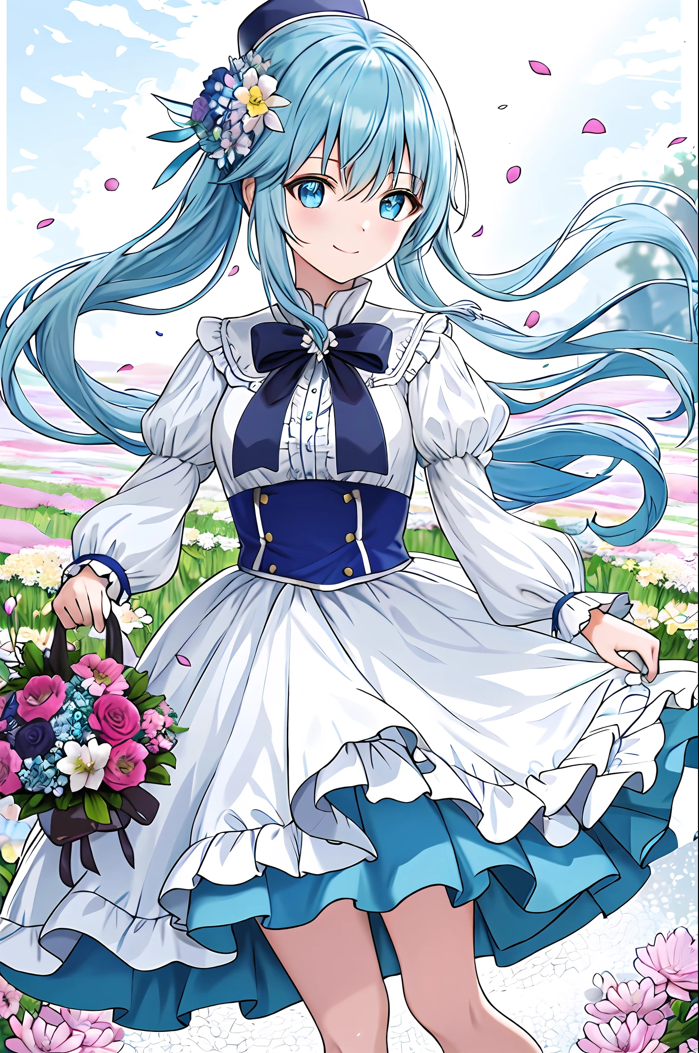 masterpiece, best quality, 1girl, aqua_konosuba, solo, long light blue hair, blue eyes Looking_at_viewer, smile, bangs, skirt, shirt, long sleeves, hat, dress, bow, holding, closed_mouth, flower, ruffles, hair_flower, petals, bouquet, Holding_flower, center_frills, cap, Holding_bouquet, flower field, flower field