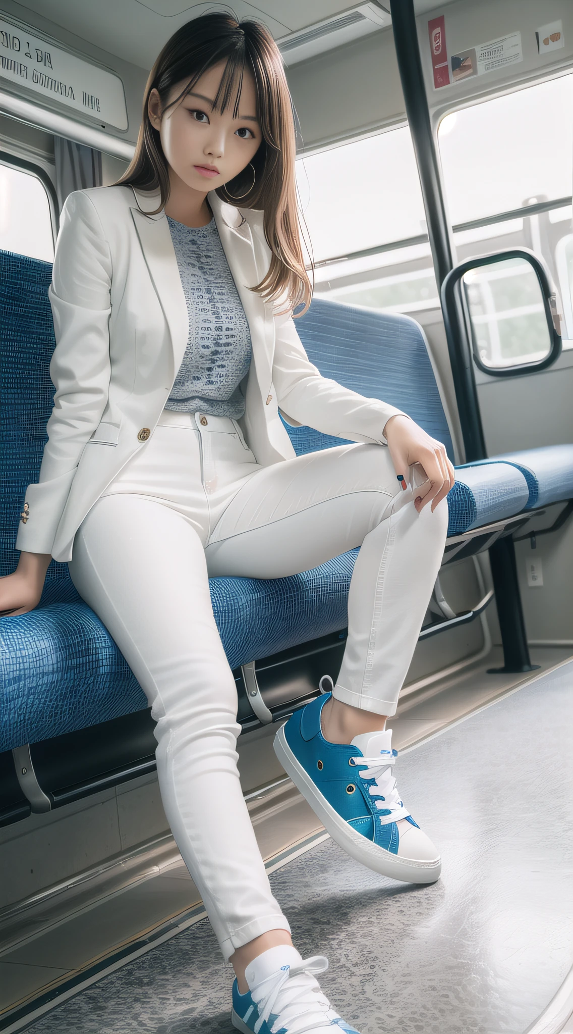A long-legged girl wearing a white suit and blue skinny denim trousers and sneakers sits inside the bus