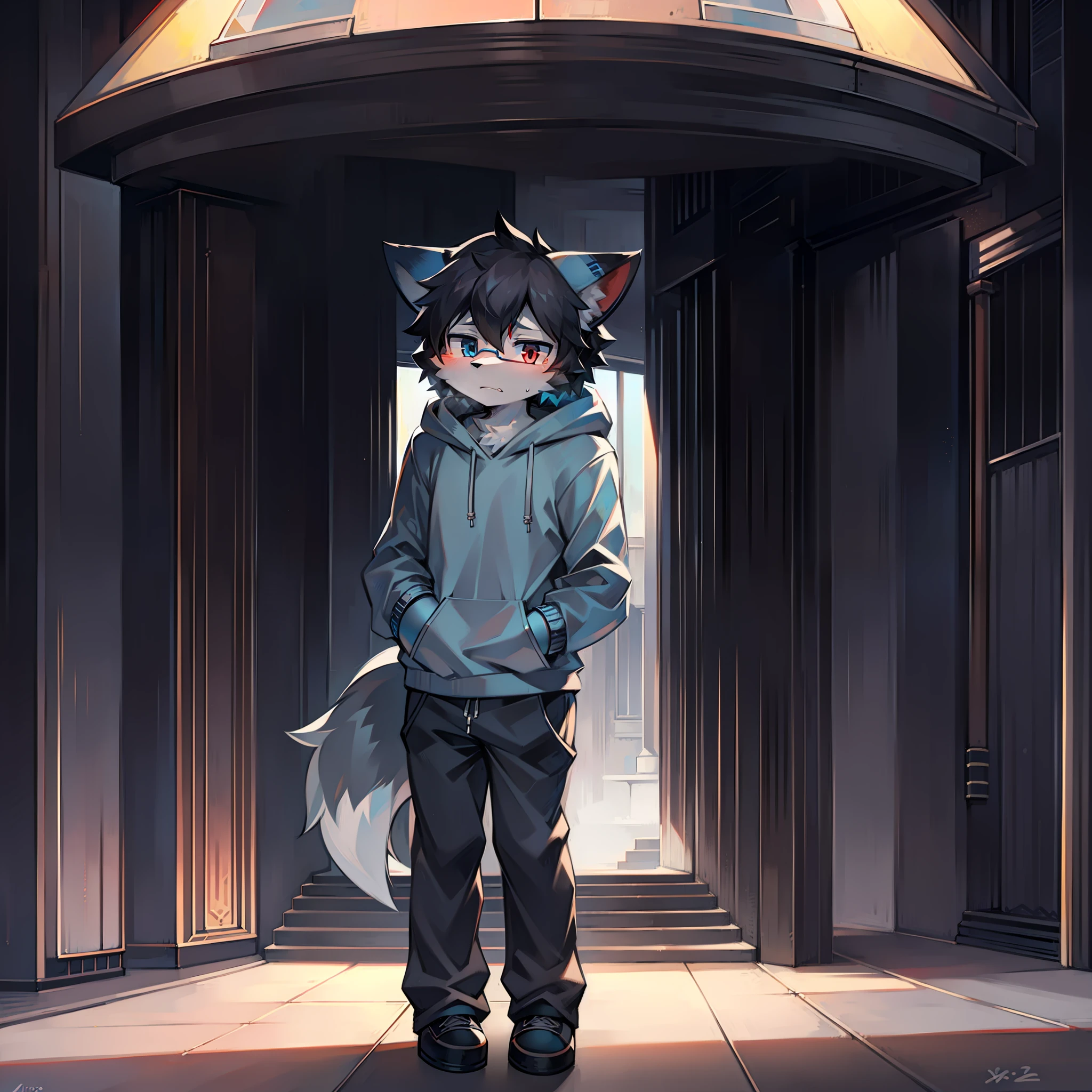 Solo, fluffy, furry male, juvenile, full body fur, gray-blue fur, white fur, gray-blue sweatshirt, gray-black trousers, black hair, black glasses, small canine, fluffy blue tail, male, short hair, anime, colored inner hair, fang, blunt bangs, headphones, hood, mismatched pupils, one blue eye and one other red eye，fox ears，bored，serious，depressed，anime style