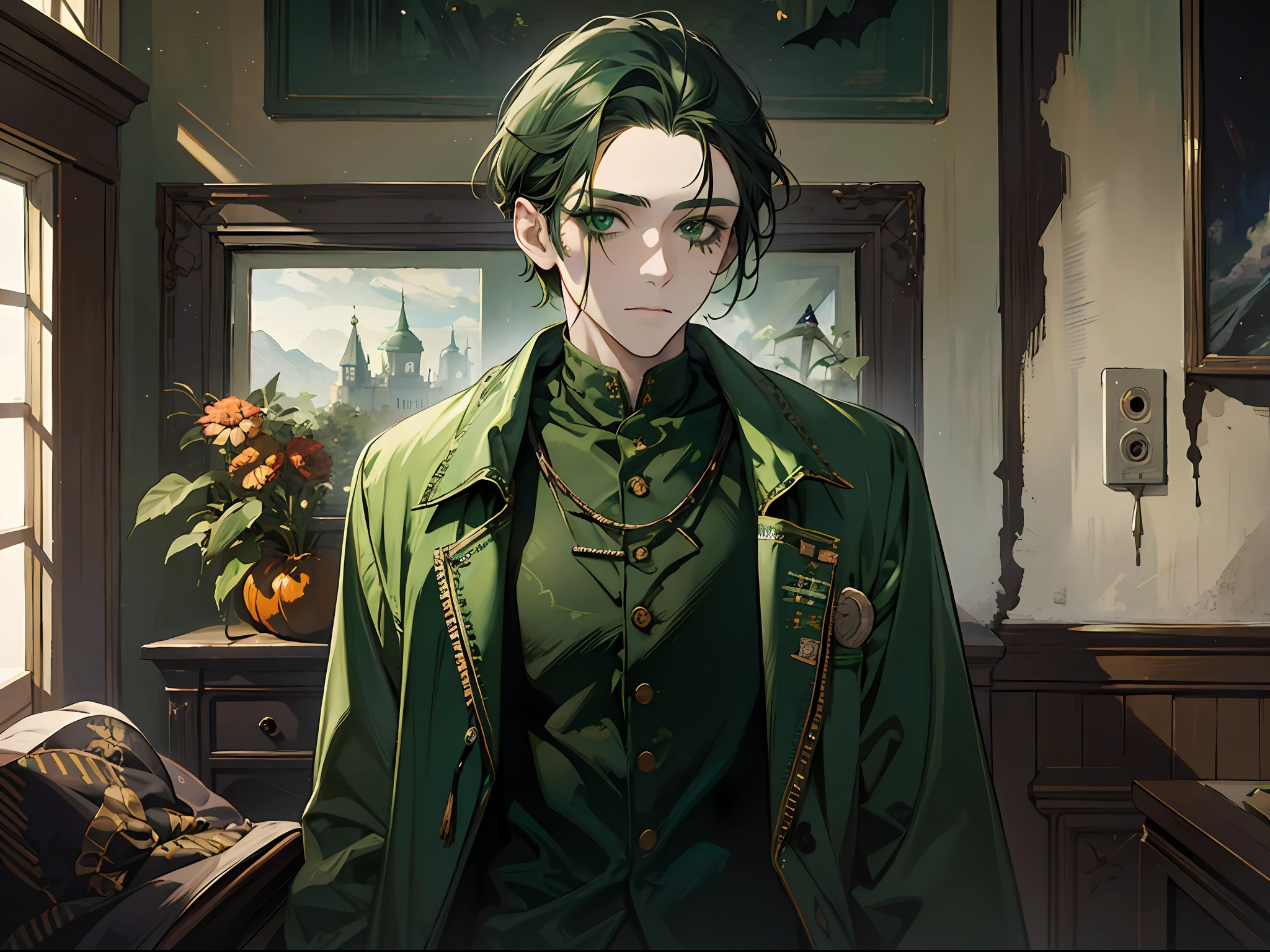 A man with dark green hair, wearing old clothes, with Halloween makeup painted on his face, cute and handsome, with a room in an experimental base in the background with only one bed inside