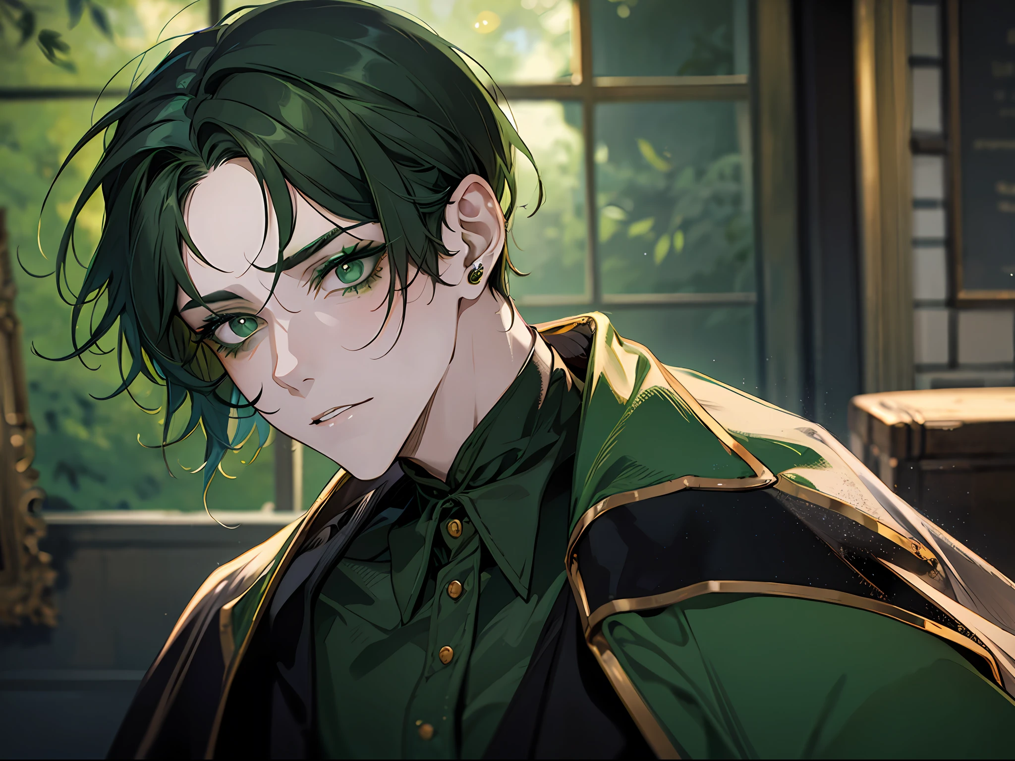 A man with dark green hair, wearing old clothes, with Halloween makeup painted on his face, cute and handsome, with a room in an experimental base in the background with only one bed inside