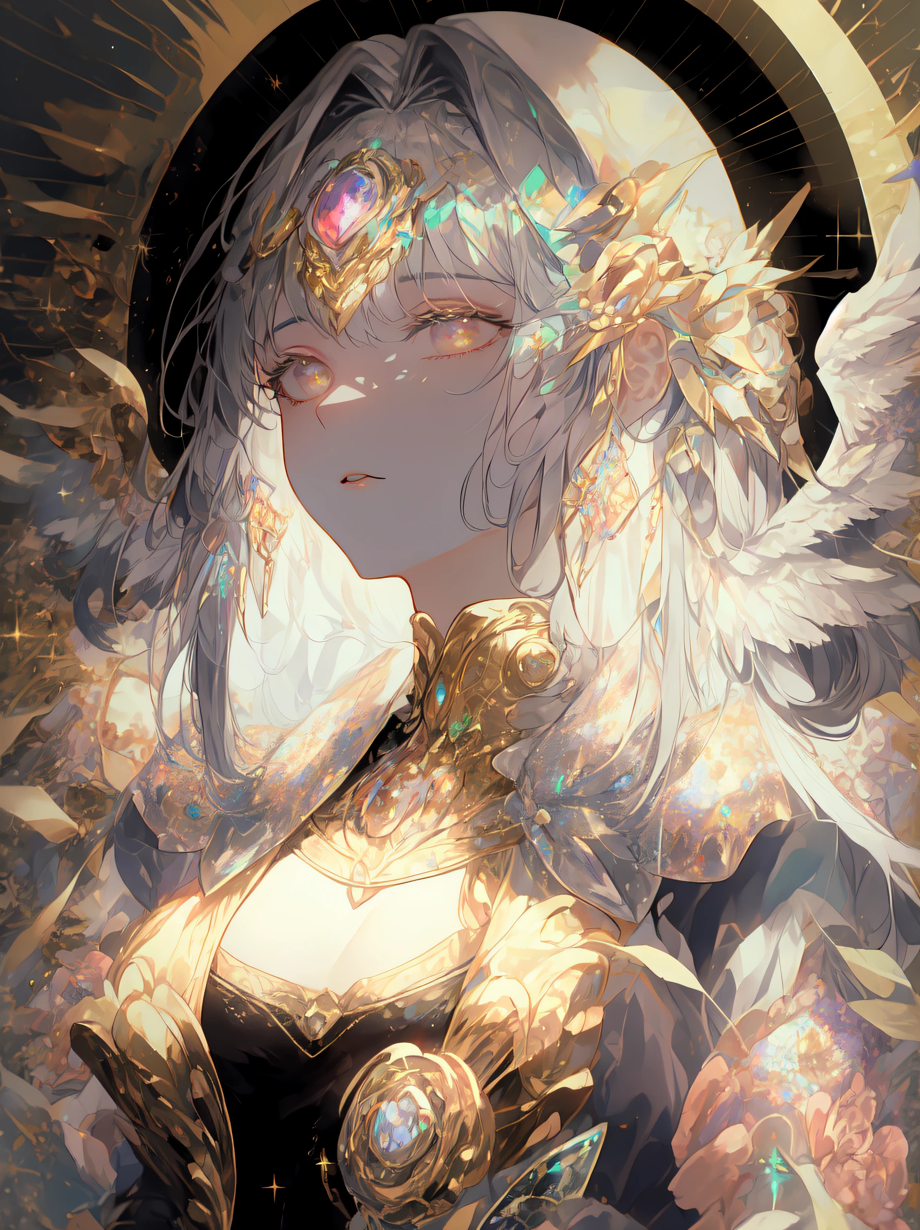 mature_female, YorForger, jewelry, looking at the viewer, hollow, abyss, church, catholic, angel,fairy,universe, glitter, holo, mary, glint, gradient, overlay, shadow, grand, flowers, sparkle flowers, golden hair, (wings), full body, midriff, shirt, red eyes,  hips, navel, sidelocks, golden heels, fog, pink rose, red rose, rosemary, parrot, green wings, water, hair, horns, lips out, galaxy eyes, flowers, garden